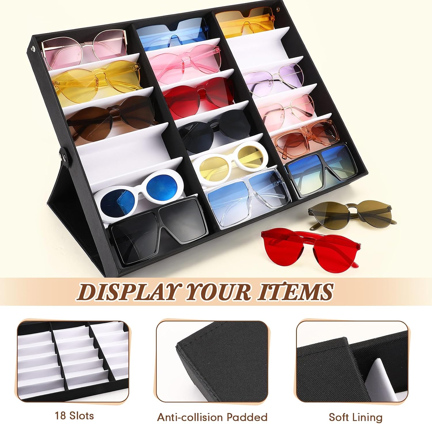 Soaoo 6 Pcs 18 Slot Sunglasses Organizer Storage Holder Eyeglasses Display Case Tray with Stand Fabric Lined Jewelry Storage Box