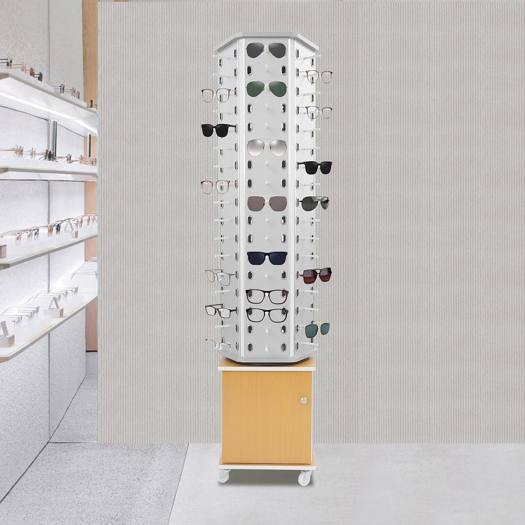 102 Pairs Rotating Glasses Display Stand, Eyewear Storage Organizer with Cabinet & Wheels, Commercial Sunglasses Display Rack, Optical Shop Glasses Holder (Silver+Yellow)