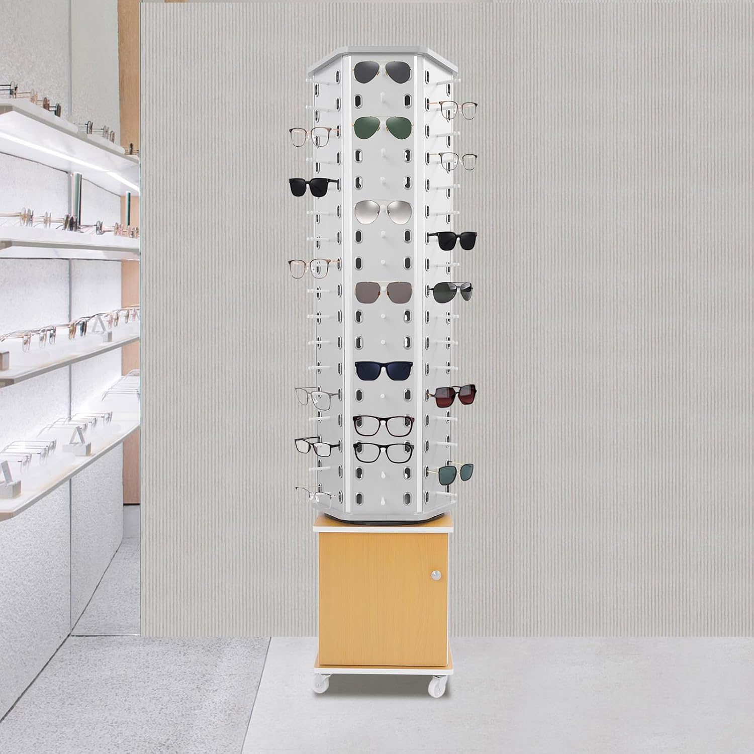 102 Pairs Rotating Glasses Display Stand, Eyewear Storage Organizer with Cabinet & Wheels, Commercial Sunglasses Display Rack, Optical Shop Glasses Holder (Silver+Yellow)