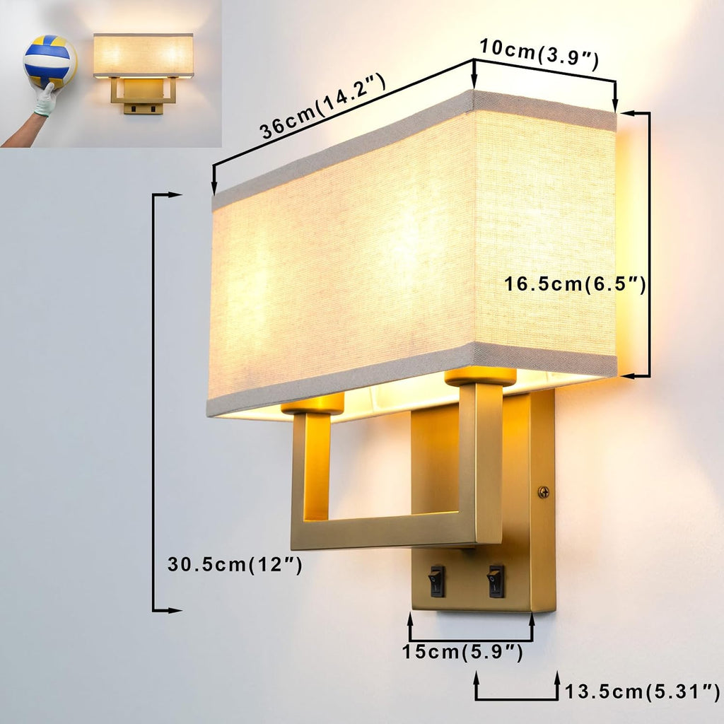 Yosoan Set of 2 Linen Fabric Boho Wall Sconce Bedside Light with On Off Switch, 2-Light Brass Hardwired Vintage Industrial Dual Wall Mount Lamp Square Shade for Bedroom Living Room Stairwell(Antique)