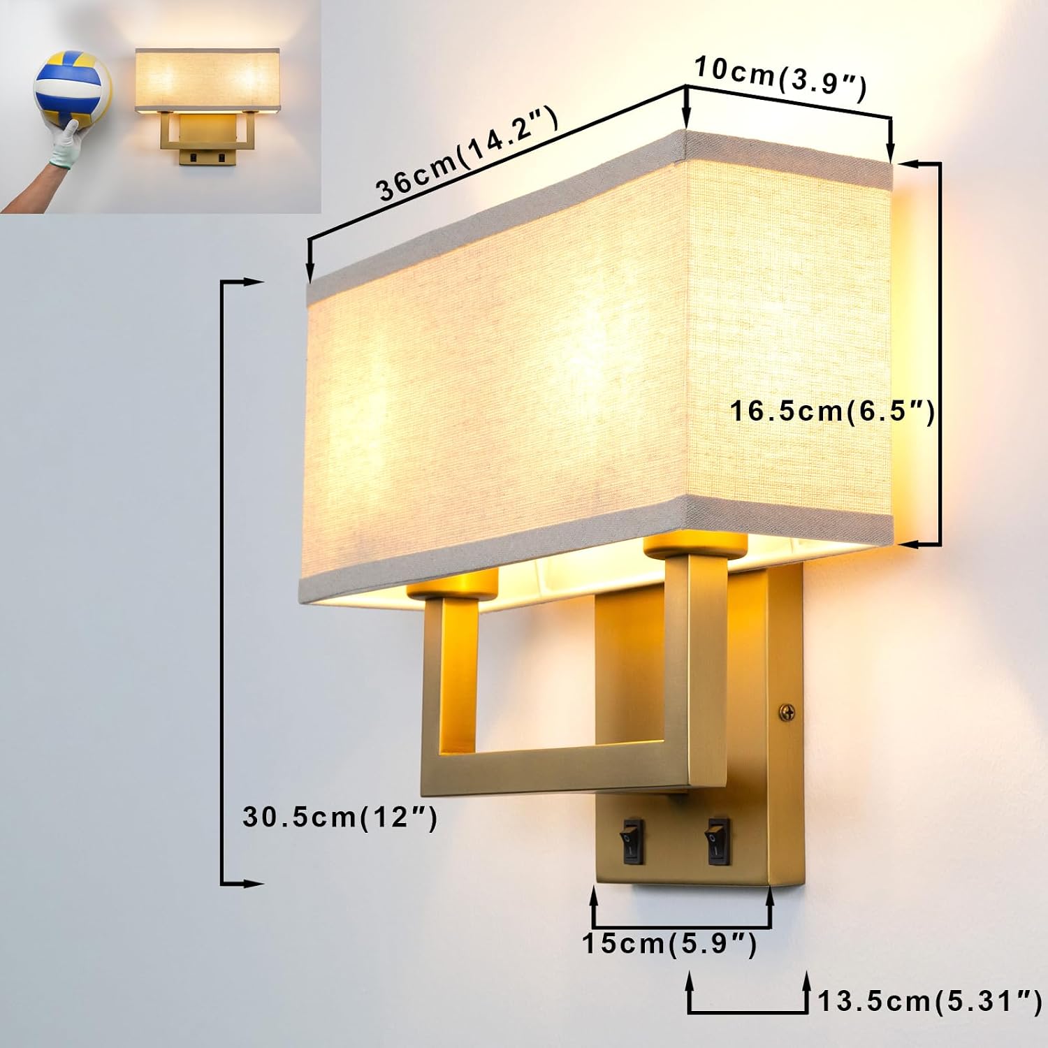 Yosoan Set of 2 Linen Fabric Boho Wall Sconce Bedside Light with On Off Switch, 2-Light Brass Hardwired Vintage Industrial Dual Wall Mount Lamp Square Shade for Bedroom Living Room Stairwell(Antique)