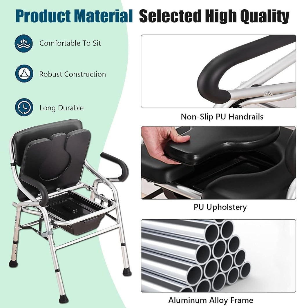 Bariatric Bedside Commode, Folding 3 in 1 Toilet Seat Chair with Bucket, Portable, Extra Wide, Adjustable Height Heavy Duty Adult Bathroom
