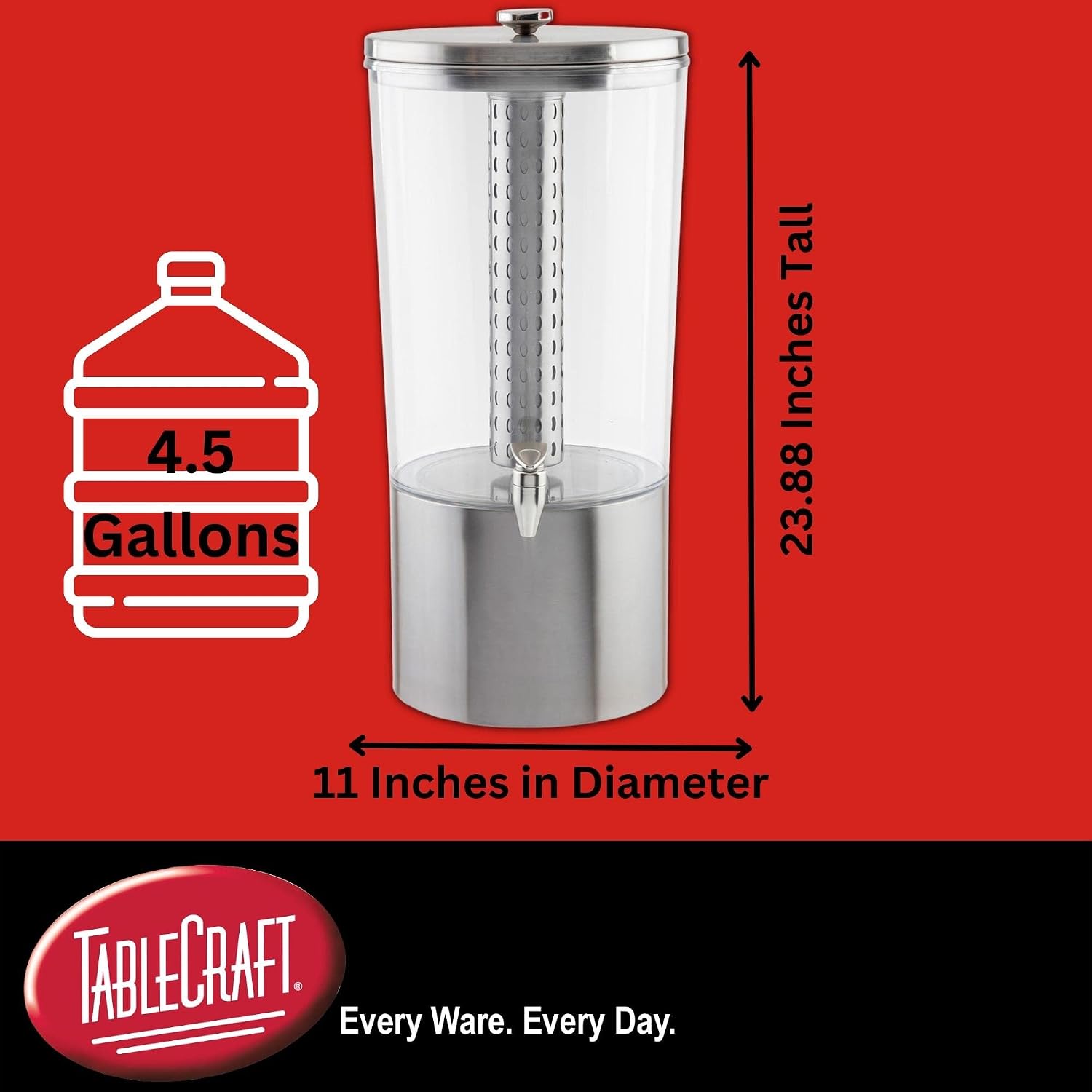 TableCraft 10451 Upscale Beverage Dispenser, 4-1/2' Gallon, Stainless Steel with Nickel Plated ABS Faucet, Tritan Reservoir, Stainless Steel Base