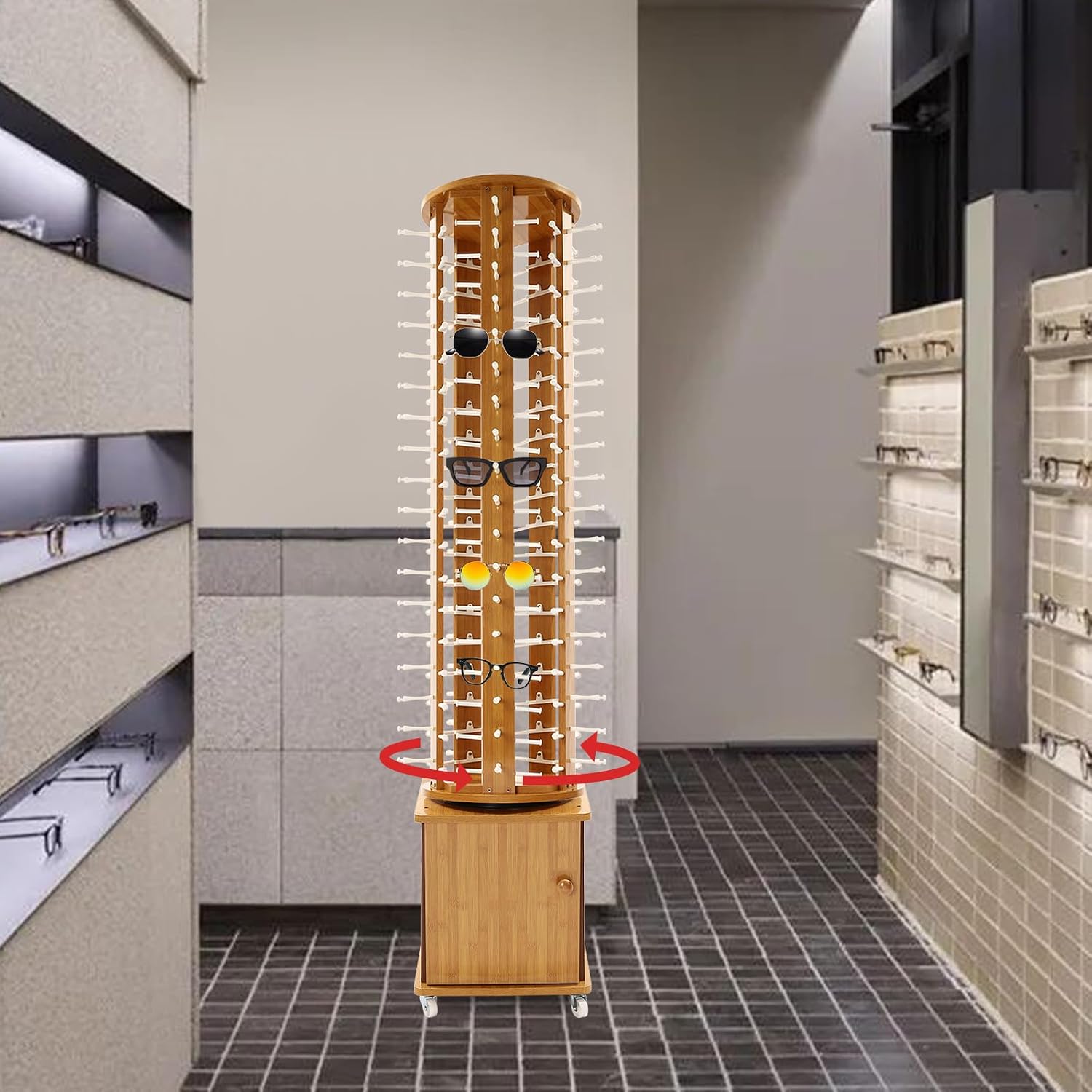 108 Pairs Wood Sunglass Display Rack with 4 Swivel Wheels, Floor-Standing Eyewear Storage Organizer, Commercial Hanging Rack,Light Brown