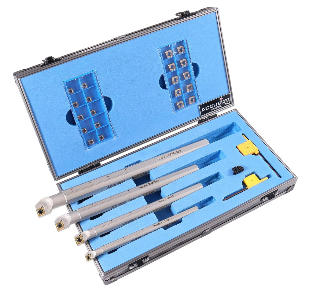 Accusize Sclcr Indexable Boring Bar Set, 3/8', 1/2', 5/8', 3/4' for Steel | 31 Pc Set with 20 TiN Coated CCMT Carbide Inserts, Negative 5° Angle, 45HRC, Torx Screw Retention, P252-S410