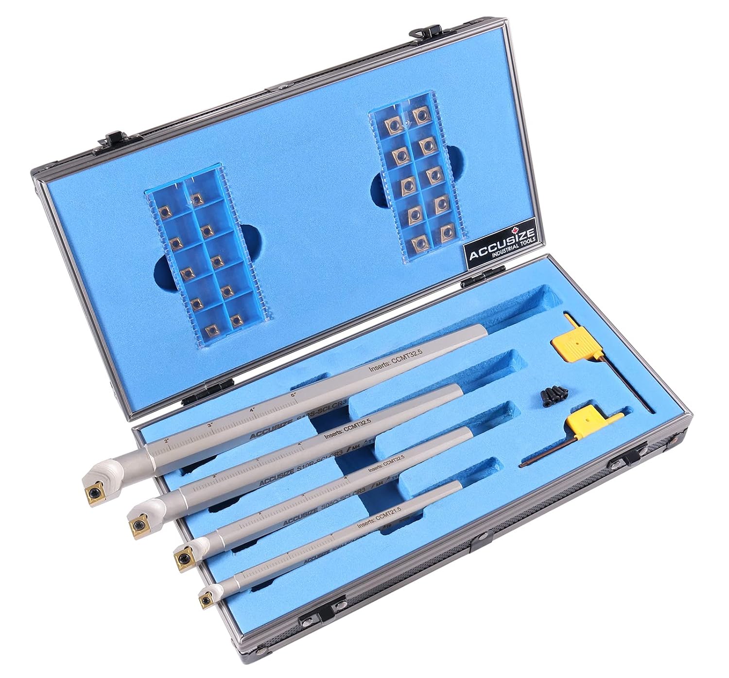 Accusize Sclcr Indexable Boring Bar Set, 3/8', 1/2', 5/8', 3/4' for Steel | 31 Pc Set with 20 TiN Coated CCMT Carbide Inserts, Negative 5° Angle, 45HRC, Torx Screw Retention, P252-S410