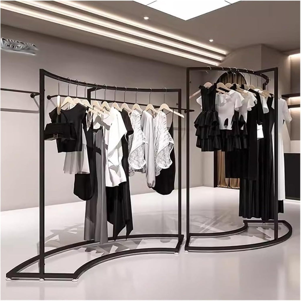 Garment Rack Clothing Display Rack - Half Round Floor Standing Clothes Rail for Retail Stores - Durable Black Curved Combination Design - Ideal for Organizing Clothing