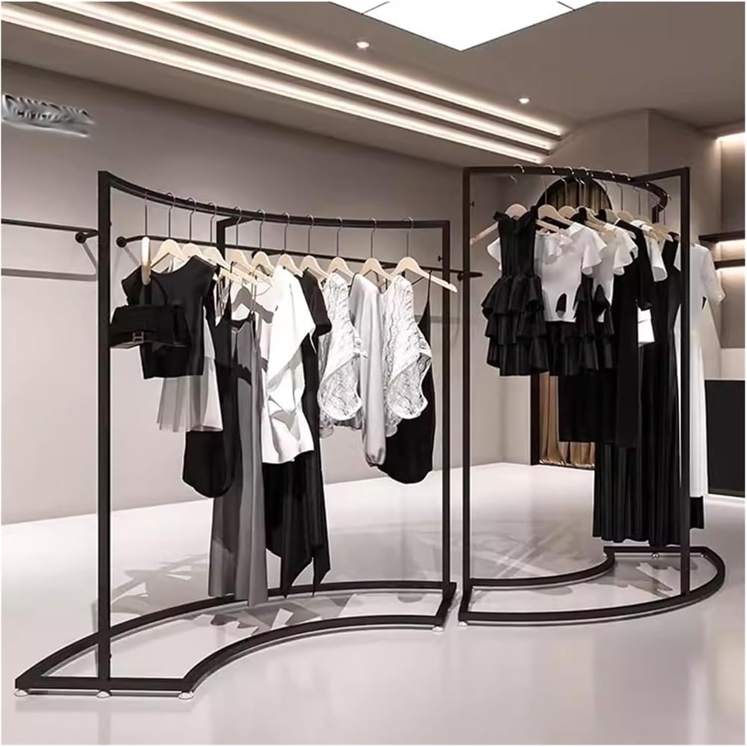 Garment Rack Clothing Display Rack - Half Round Floor Standing Clothes Rail for Retail Stores - Durable Black Curved Combination Design - Ideal for Organizing Clothing