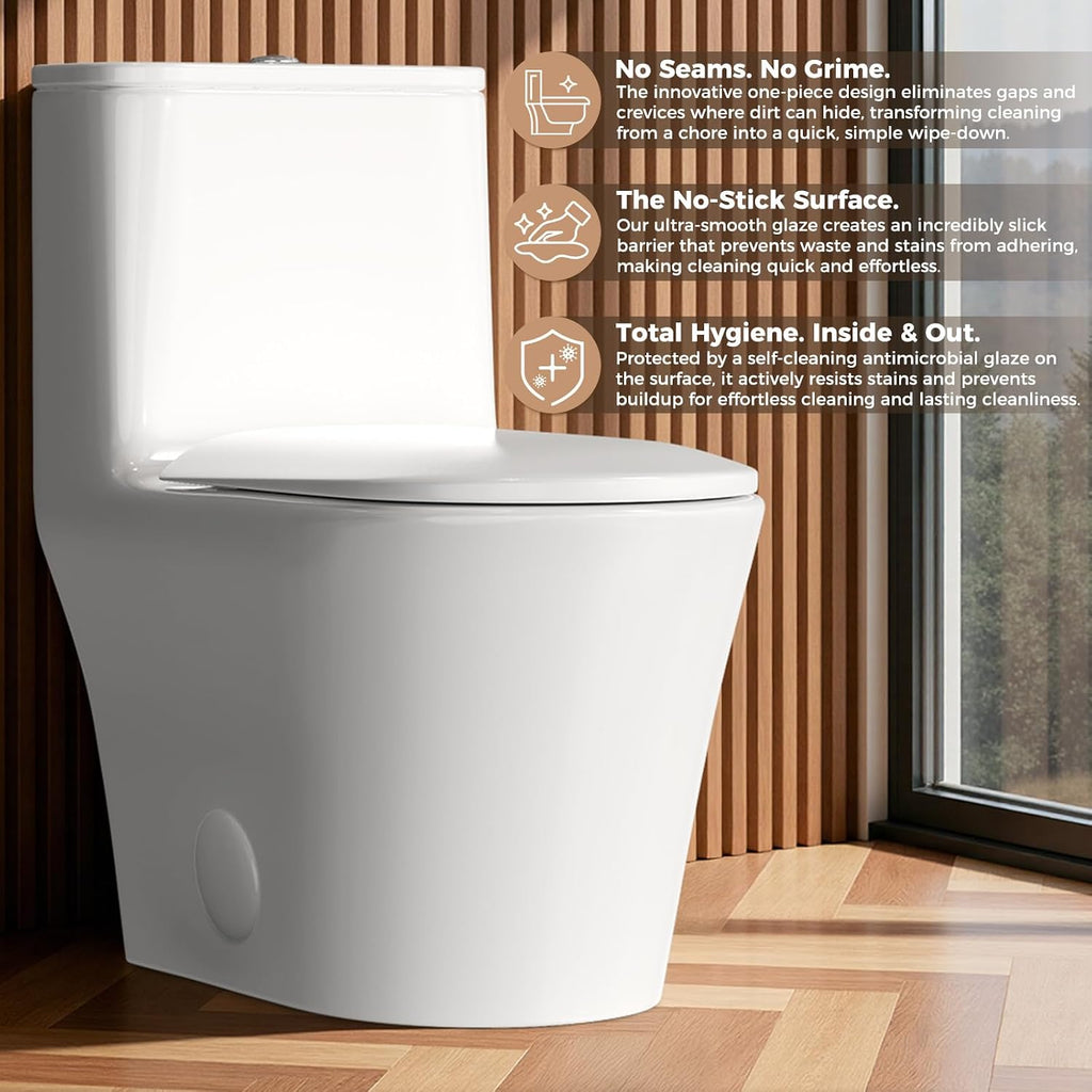 Modern One Piece Toilet,Dual Flush 0.87/1.45 GPF Toilet with Quiet Soft Close Seat,Minimalist Space-saving Design, Standard 12' Rough-In,Easy Clean Ceramic Bowl, White Finish