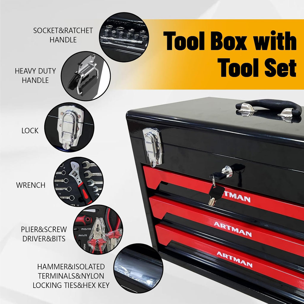 439 Piece Tool Set with Tool Box, 3-Drawer Toolbox Storage Case with Lock Portable Tool Chest with Tool Set General Household Tool Storage Organizer for Garage Workshop, Black + Red