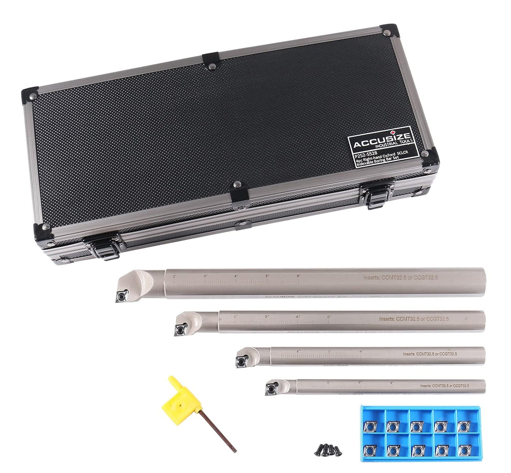 Accusize Sclcr Indexable Boring Bar Set, 1/2', 5/8', 3/4', 1' for Aluminum | 4 Pc Set with 14 CCGT32.51 AKH01 Carbide Inserts, Right Hand, Negative 5° Angle, 45HRC, Torx Screw Retention, P252-S528