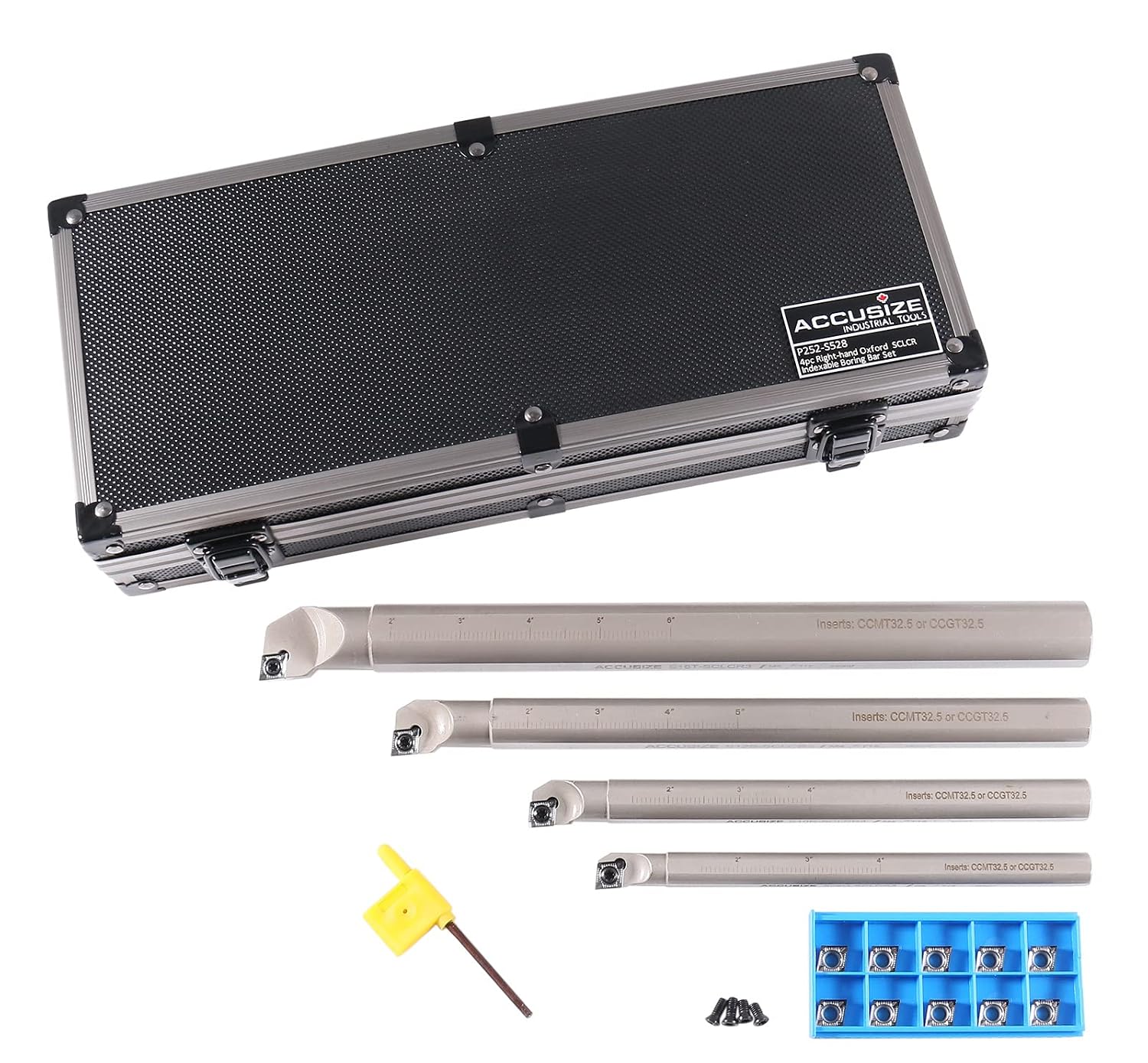 Accusize Sclcr Indexable Boring Bar Set, 1/2', 5/8', 3/4', 1' for Aluminum | 4 Pc Set with 14 CCGT32.51 AKH01 Carbide Inserts, Right Hand, Negative 5° Angle, 45HRC, Torx Screw Retention, P252-S528