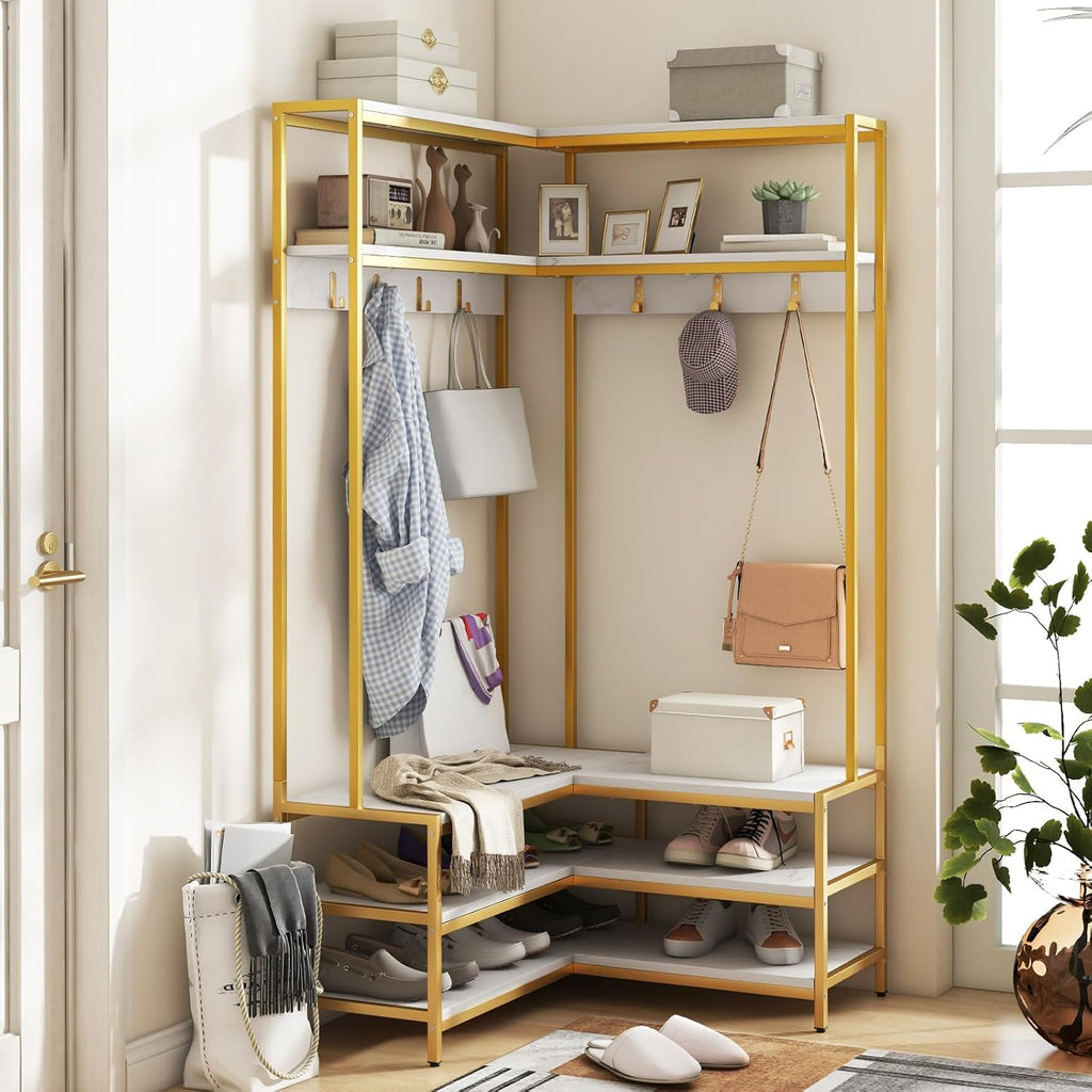 Giantex Corner Coat Rack with Shoe Bench, L-Shaped Garment Rack with 5 Shelves & 7 Hooks, Heavy Duty Freestanding Clothes Racks Entryway Bench with Shoes Organizer for Hallway (White & Gold)