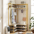 Giantex Corner Coat Rack with Shoe Bench, L-Shaped Garment Rack with 5 Shelves & 7 Hooks, Heavy Duty Freestanding Clothes Racks Entryway Bench with Shoes Organizer for Hallway (White & Gold)