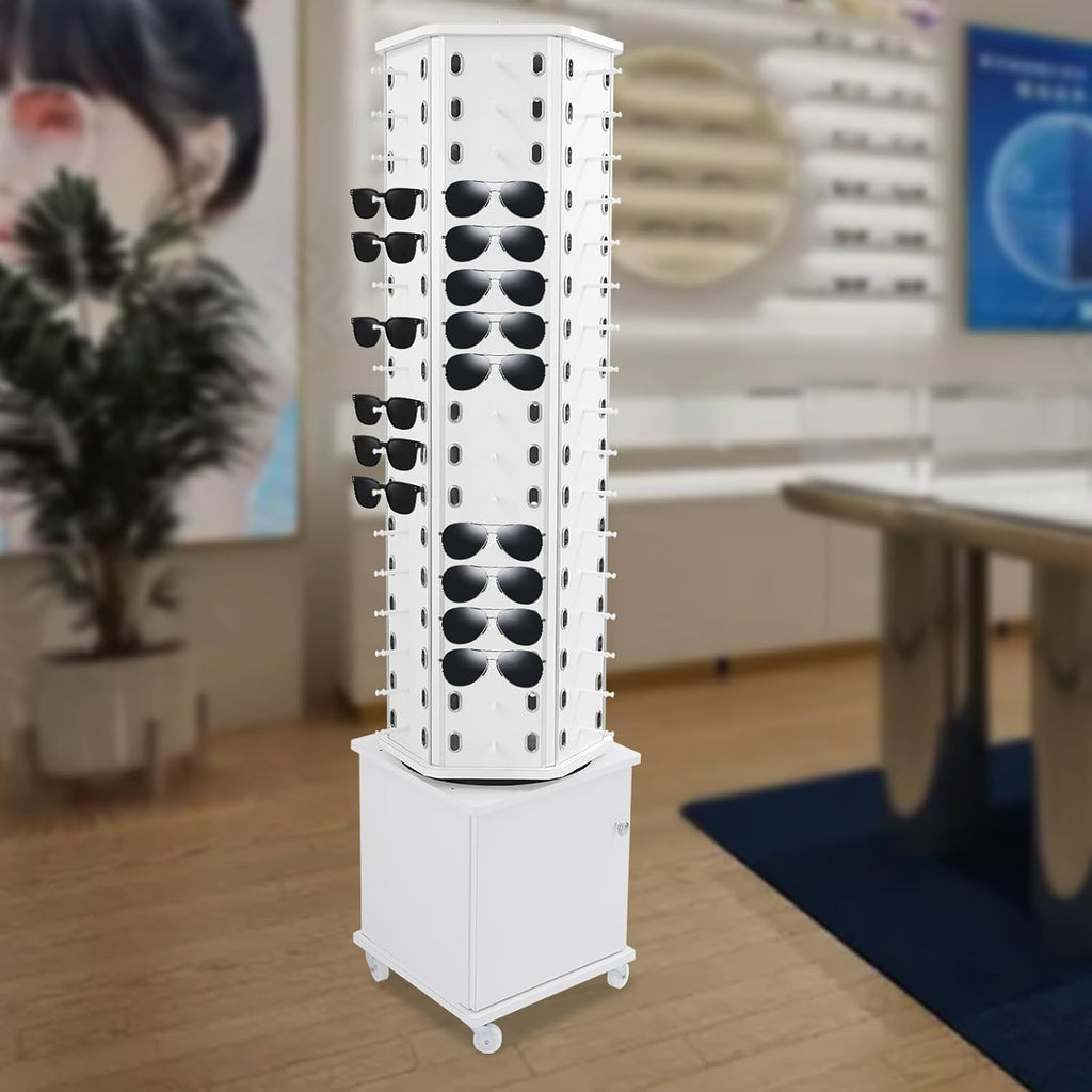102 Pairs Rotating Glasses Display Stand, Eyewear Storage Organizer with Cabinet & Wheels, Commercial Sunglasses Display Rack, Optical Shop Glasses Holder (White)