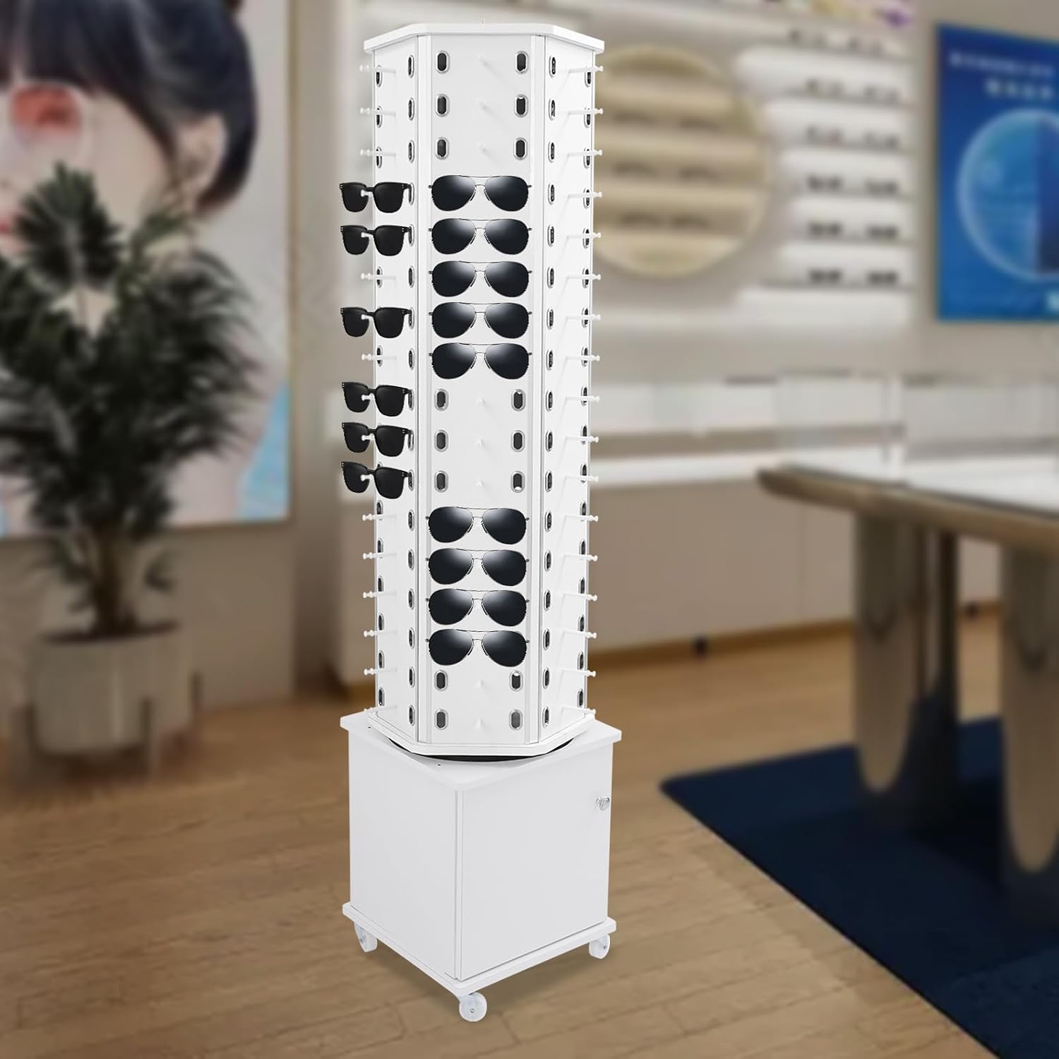102 Pairs Rotating Glasses Display Stand, Eyewear Storage Organizer with Cabinet & Wheels, Commercial Sunglasses Display Rack, Optical Shop Glasses Holder (White)