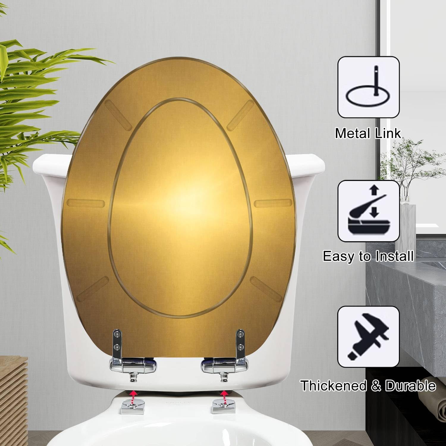 Elongated Toilet Seat Shiny brushed gold color metal Resin Toilet Seat Quietly Slow Close with Quick-Release Hinges Toilet Seat with Cover Easy to Clean Install