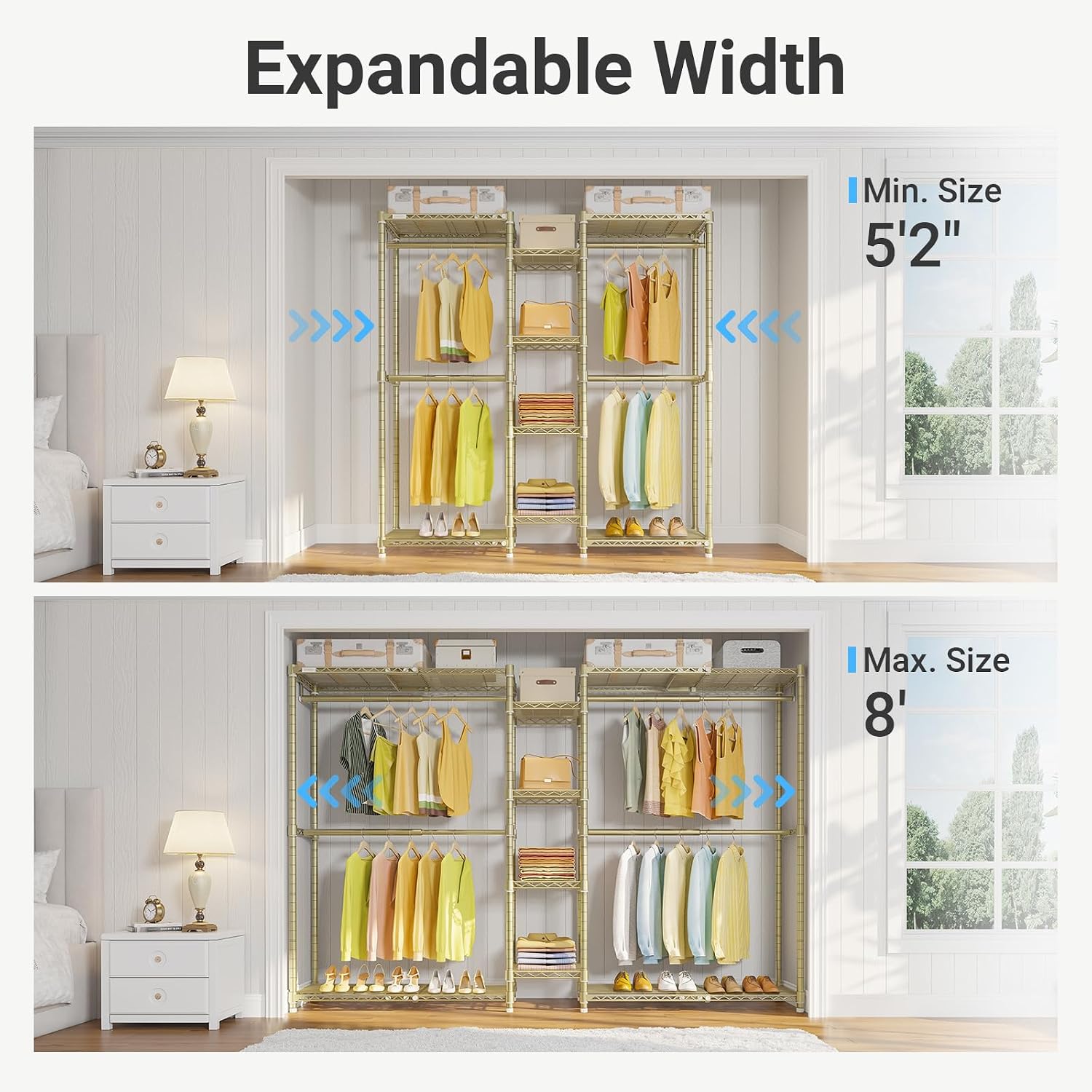 VIPEK X3 Expandable Heavy Duty Clothes Rack Adjustable from 5'2' to 8' with Adjustable Shelves and Hanger Rods, Large Freestanding Clothing Racks Reach-in & Walk-in Closet, Max Load 1210LBS, Gold