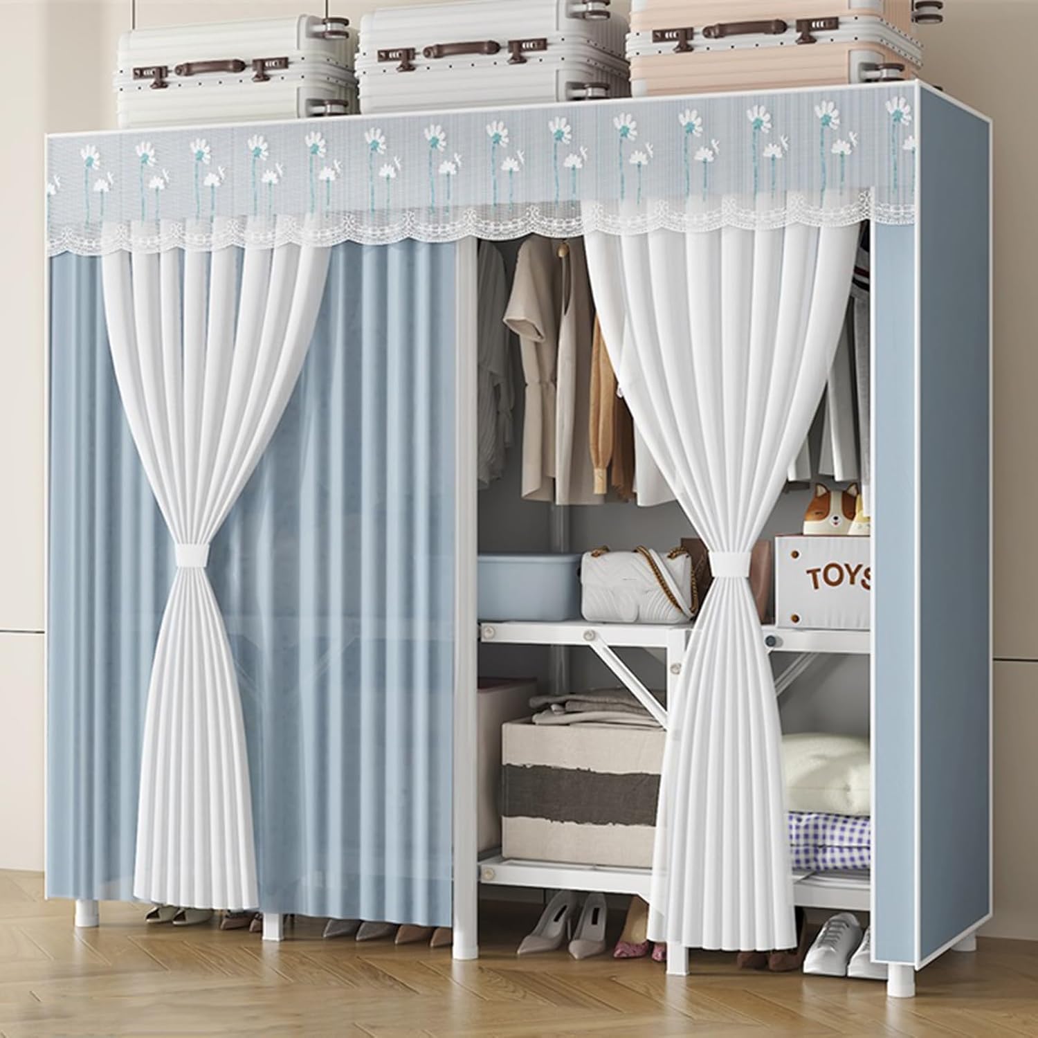 Portable Wardrobe Closet for Hanging Clothes, Metal Freestanding Armoire Wardrobe Clothes Rack with Fabric Cover, Large Capacity Garment Rack Clothes Organizer with Shelves, For Bedroom(Blue,59''x17.7
