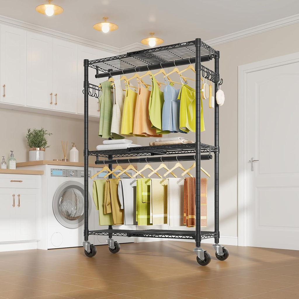 VIPEK R2X Expandable Portable Closet with Lockable Wheels, 600lbs Capacity Heavy Duty Rolling Clothes Rack w/Adjustable Shelves & Hanger Rod (2' to 3'5'), Metal Clothing Rack for Small Spaces (Black)