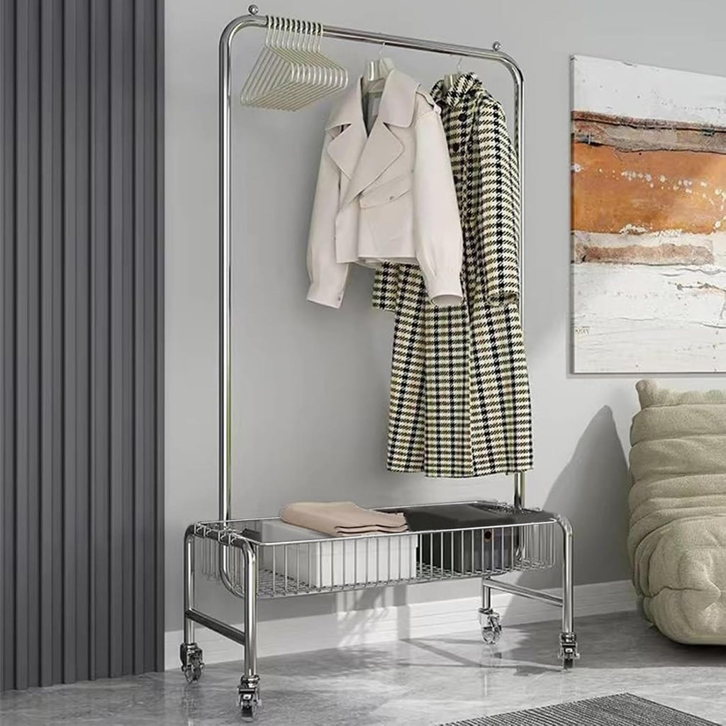 SKVLF Modern Heavy Duty Metal Clothes Rack with Storage Basket, Chrome, 118X40X168CM, 280 LBS Capacity, For Coats, Clothes, Shirts, Pants