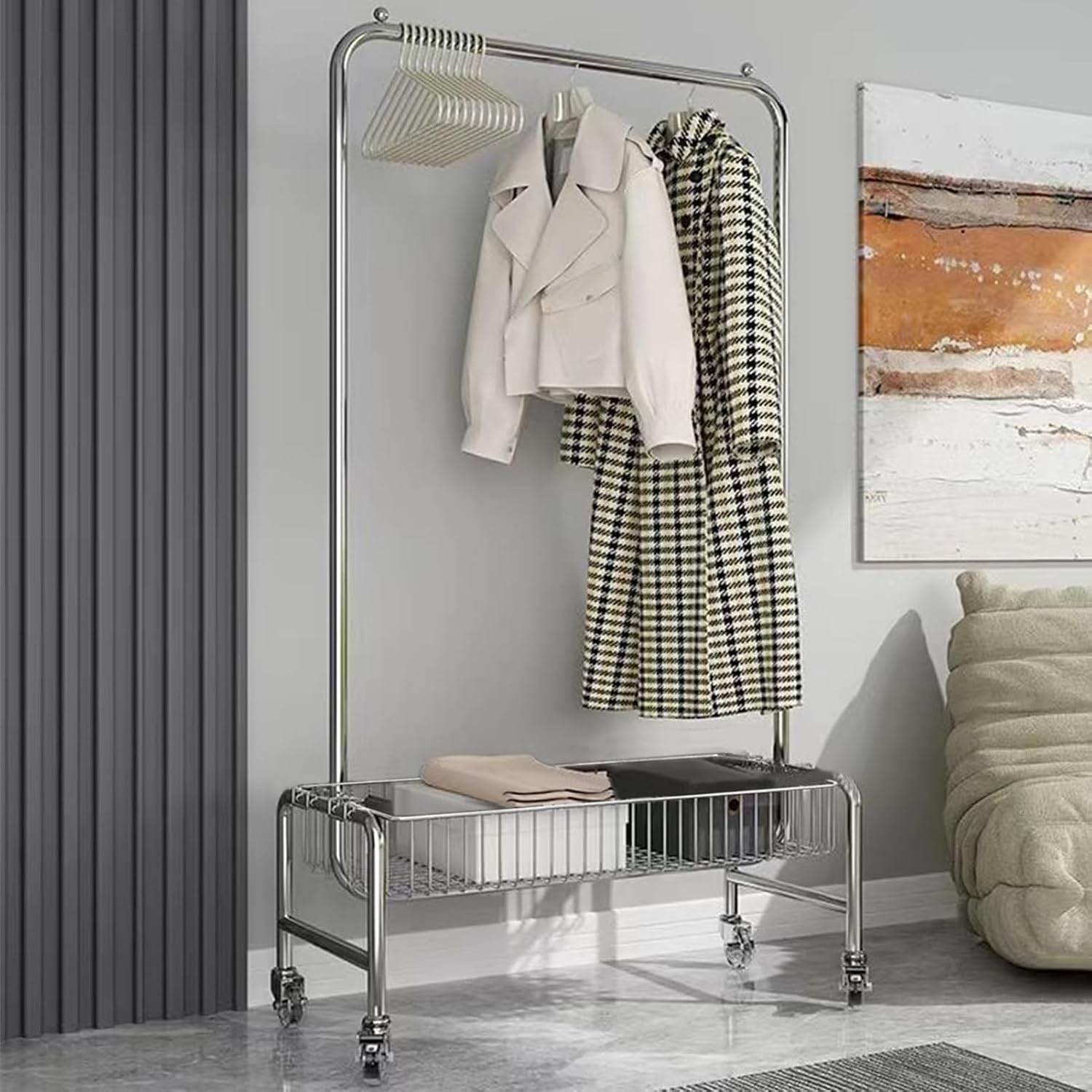 SKVLF Modern Heavy Duty Metal Clothes Rack with Storage Basket, Chrome, 118X40X168CM, 280 LBS Capacity, For Coats, Clothes, Shirts, Pants