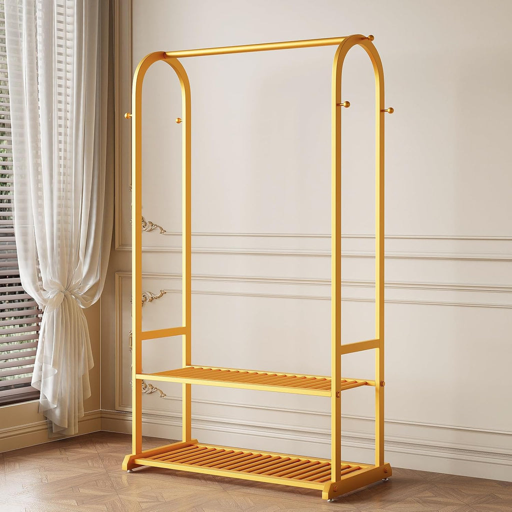 Gold Clothing Rack for Hanging Clothes,Sturdy metal clothes rack,Modern Garment Rack with Bottom Storage Shelves and 6 Side Hooks, Freestanding Wardrobe Rack for Bedroom or Closet