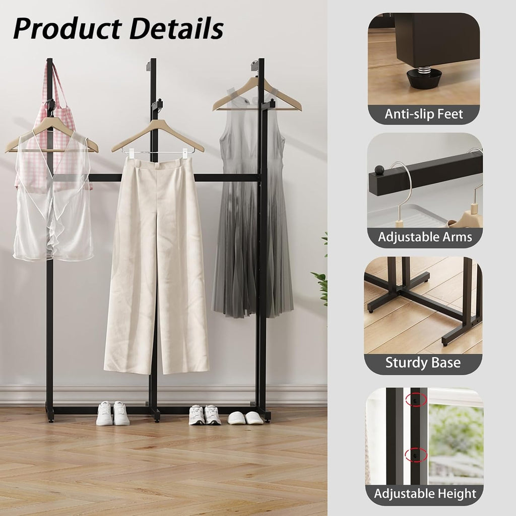 Black Clothes Rack with 6 Straight Arms, Metal Clothing Rack for Hanging Clothes, Freestanding Garment Rack Heavy Duty, 46' to 63' Adjustable Height Retail Clothing Rack for Boutiques Display