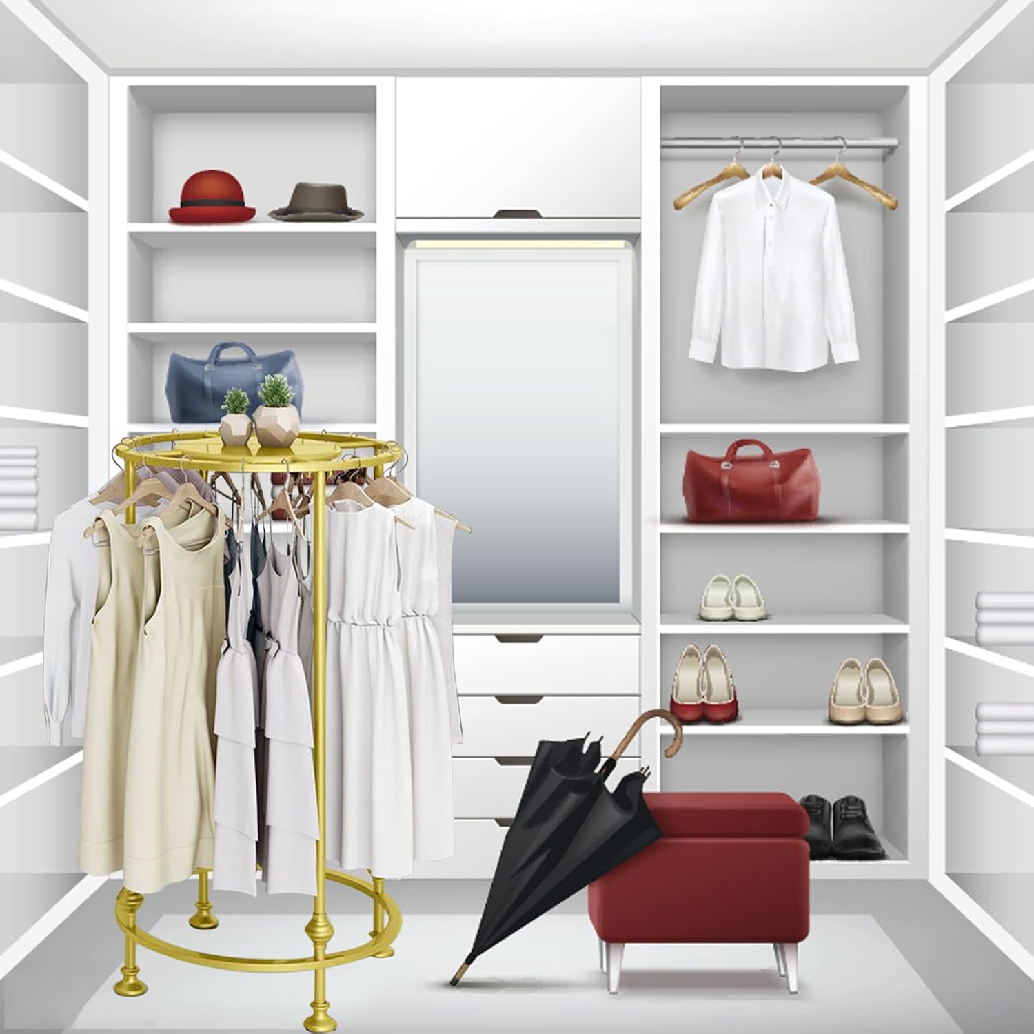 Round Garment Rack, Floor Standing Iron clothes Hanging Rack with Topper, Suitable for Large Shopping Malls Retail, Clothes Boutique Display Laundry Rooms Multi-Purpose Hanging (GOLD)