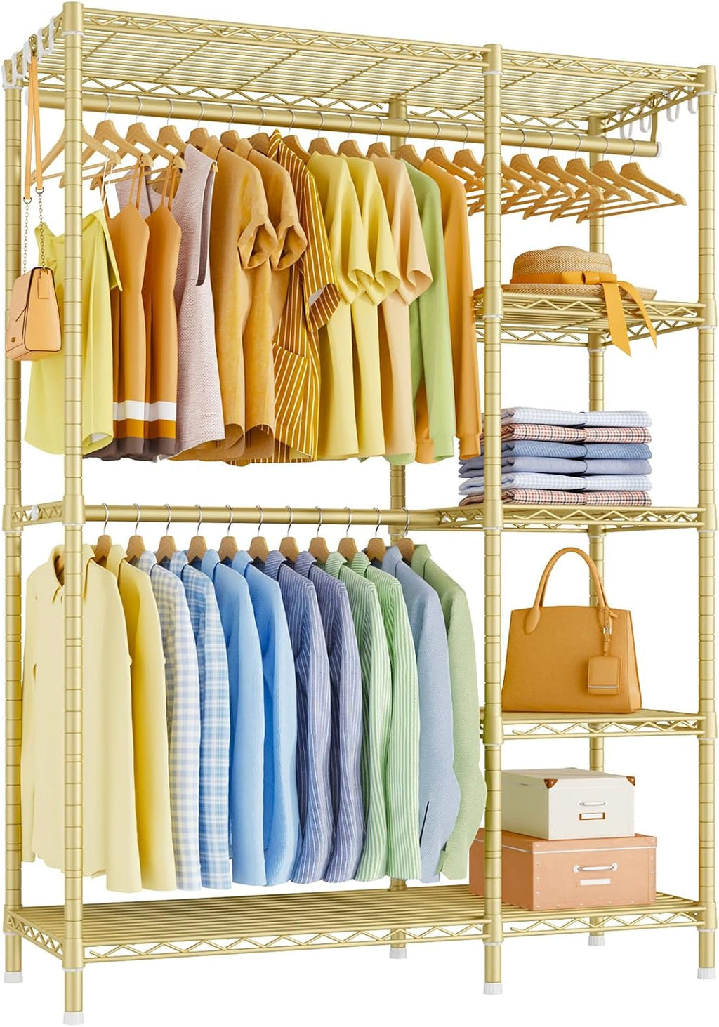 Ulif F2 Clothes Rack, 5 Tiers Heavy Duty Garment Rack for Bedroom, Freestanding Adjustable Closet Storage Organizer, 46.1' W x 15.4' D x 78.3' H, Load 630lbs, Upgraded Gold