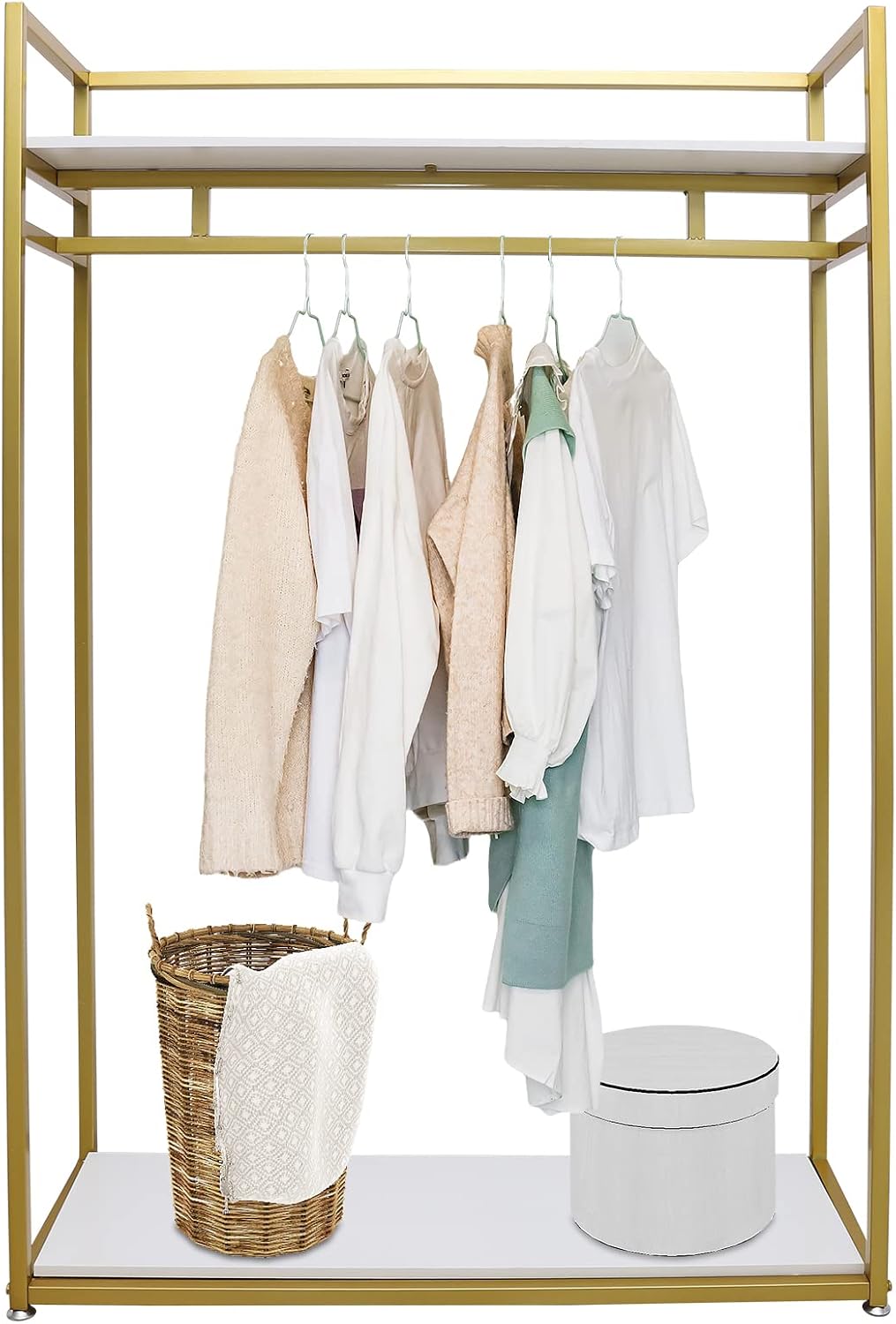 Heavy Duty Clothing Rack with Wood Shelf,Clothes Rack,Freestanding Garment Rack for Home Boutique Retail Display,Gold