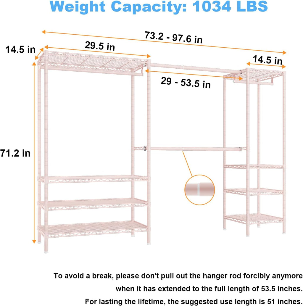 Ulif E11 Heavy-Duty Garment Rack, Metal Freestanding Clothes Rack and Closet Storage Organizer System with 8 Shelves and 4 Hanger Rods, (73.2-97.6)' W x 14.5' D x 71.2' H, Load 1034 LBS, Pink