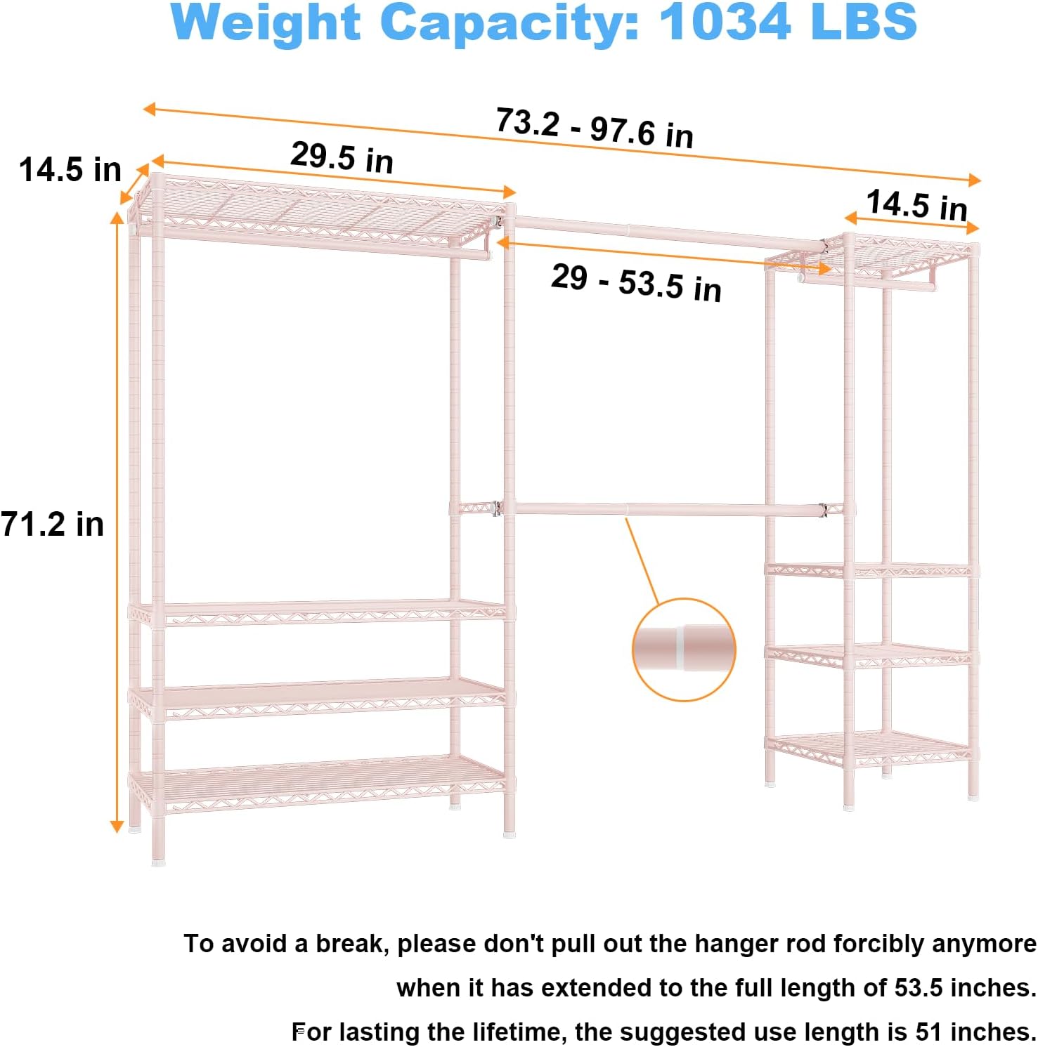 Ulif E11 Heavy-Duty Garment Rack, Metal Freestanding Clothes Rack and Closet Storage Organizer System with 8 Shelves and 4 Hanger Rods, (73.2-97.6)' W x 14.5' D x 71.2' H, Load 1034 LBS, Pink
