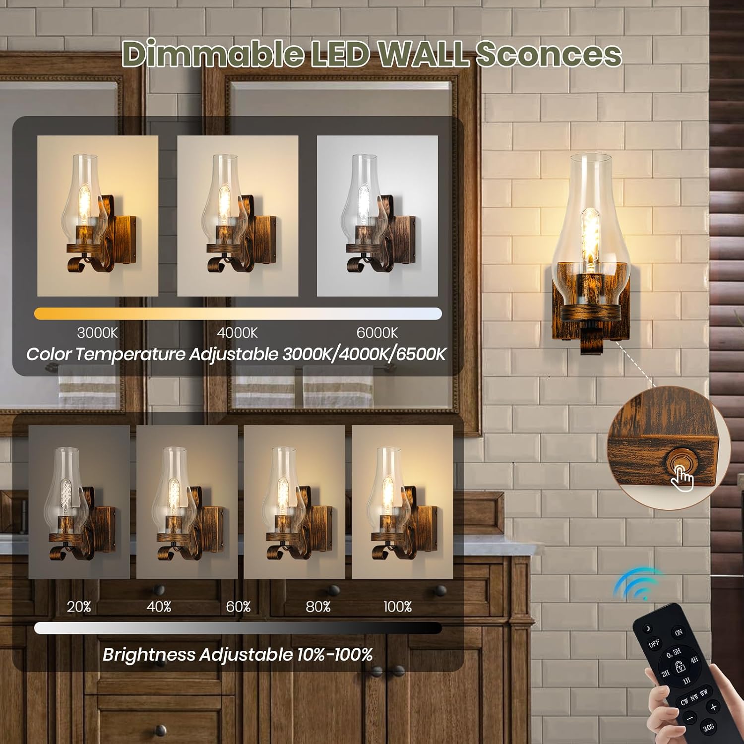 Battery Operated Wall Sconce, Rechargeable Rustic Wall Lights, Non-Hardwired Antique Kerosene Wall Lamps, Gold Vintage Bedside Wall Sconces with Remote Control for, Bedroom, Hallway etc