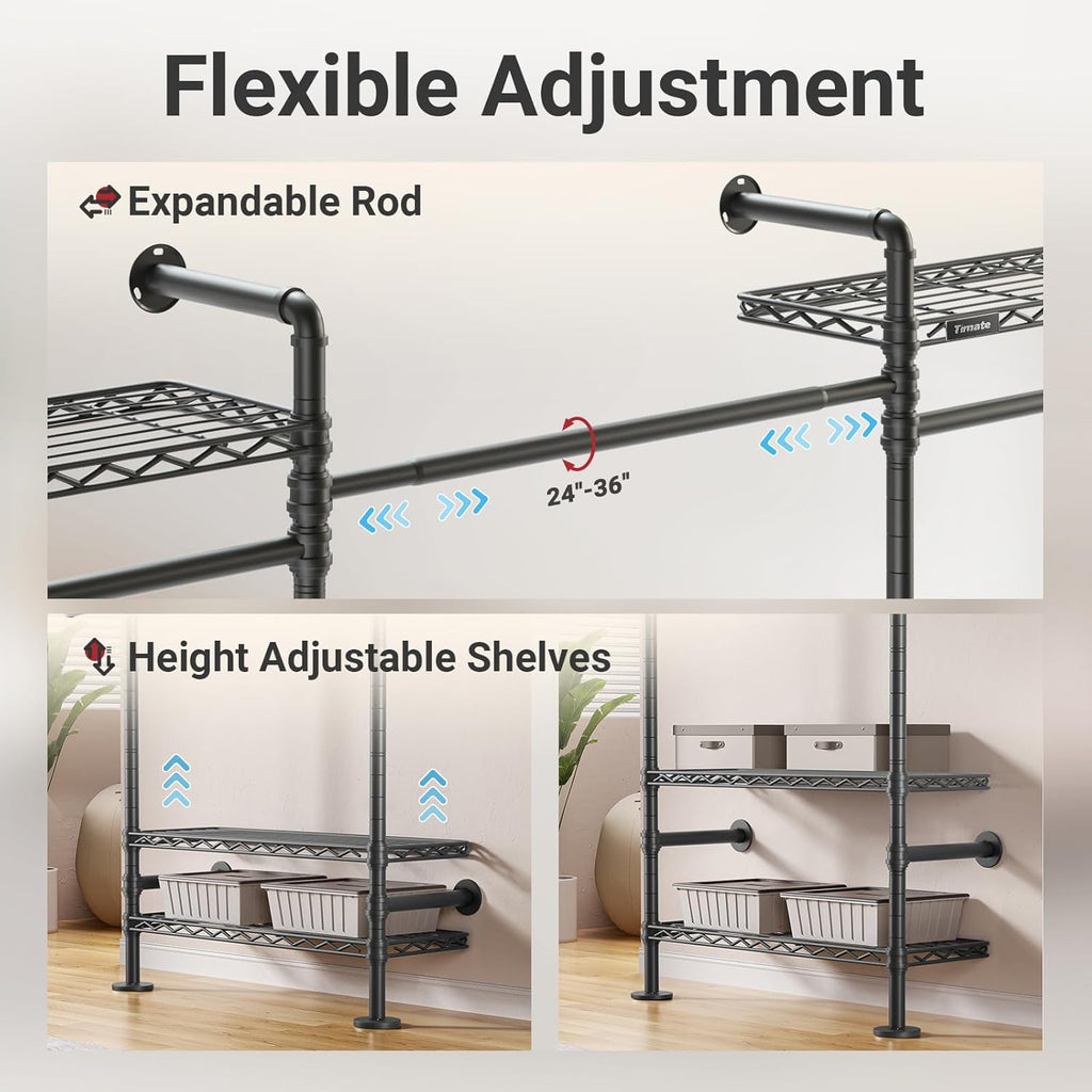 Timate L3 L Shape Garment Rack Heavy Duty Clothes Rack for Hanging Clothes, Expandable Industrial Pipe Wall Mounted Clothing Rack, Adjustable Corner Closet Wardrobe Closet Kit Closet Systems, Black