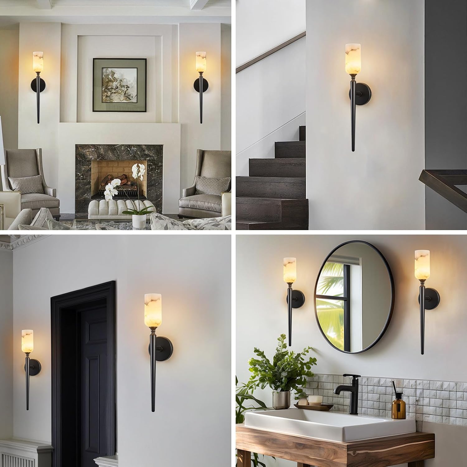 LMQNINE Natural Alabaster Wall Sconce Modern Black Wall Light Bathroom Sconce Wall Decor Antique Marble Sconces Wall Lighting for Bedroom Living Room Entryway Hallway Staircase