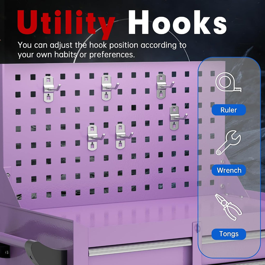 Superday Rolling Tool Chest, 7 Drawer Portable Tool Chest with Wheels, Tool Storage Cabinet with Lock for Garage, Steel Tool Cart with Pegboard & Hooks for Workshop, Warehouse (Purple)