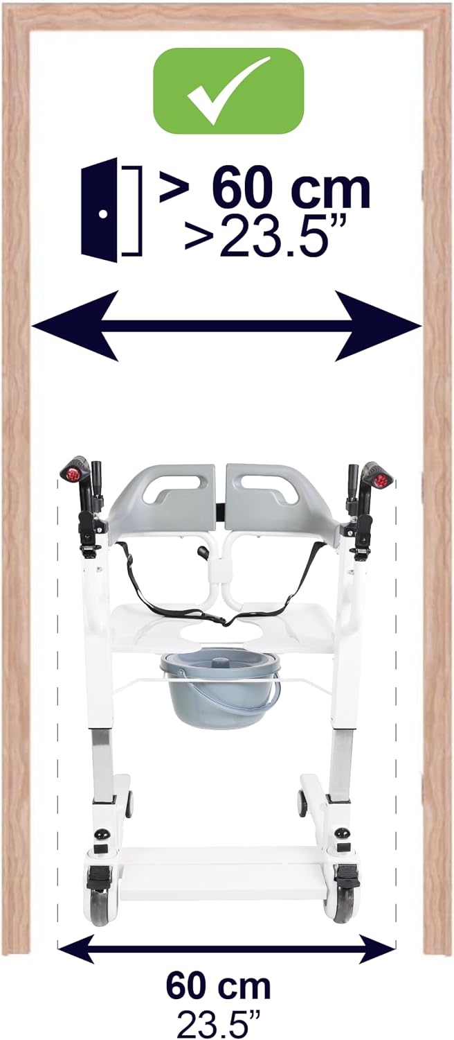 KMINA Patient Transfer Chair (Seat can be Raised up to 23 in), Commode Toilet Chair with Wheels, Bedside Chairs for Elderly - Not Suitable for Shower