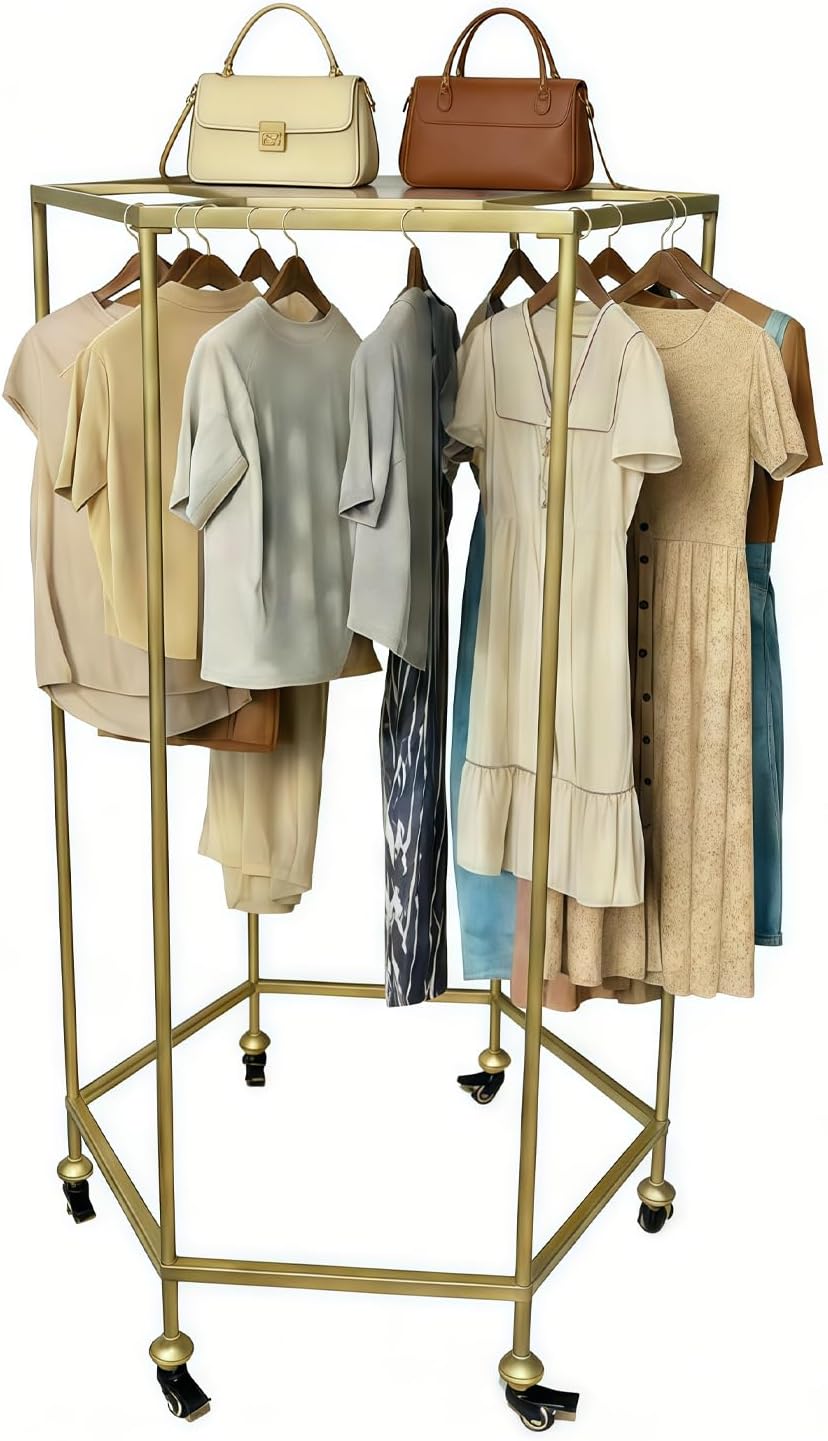 27.5-Inch Rolling Round Garment Rack with Shelf & Wheels,45'x45' Footprint,330lbs Load Heavy Duty Round Clothing Rack for Home & Retail Display, Gold (27.5in/Gold)