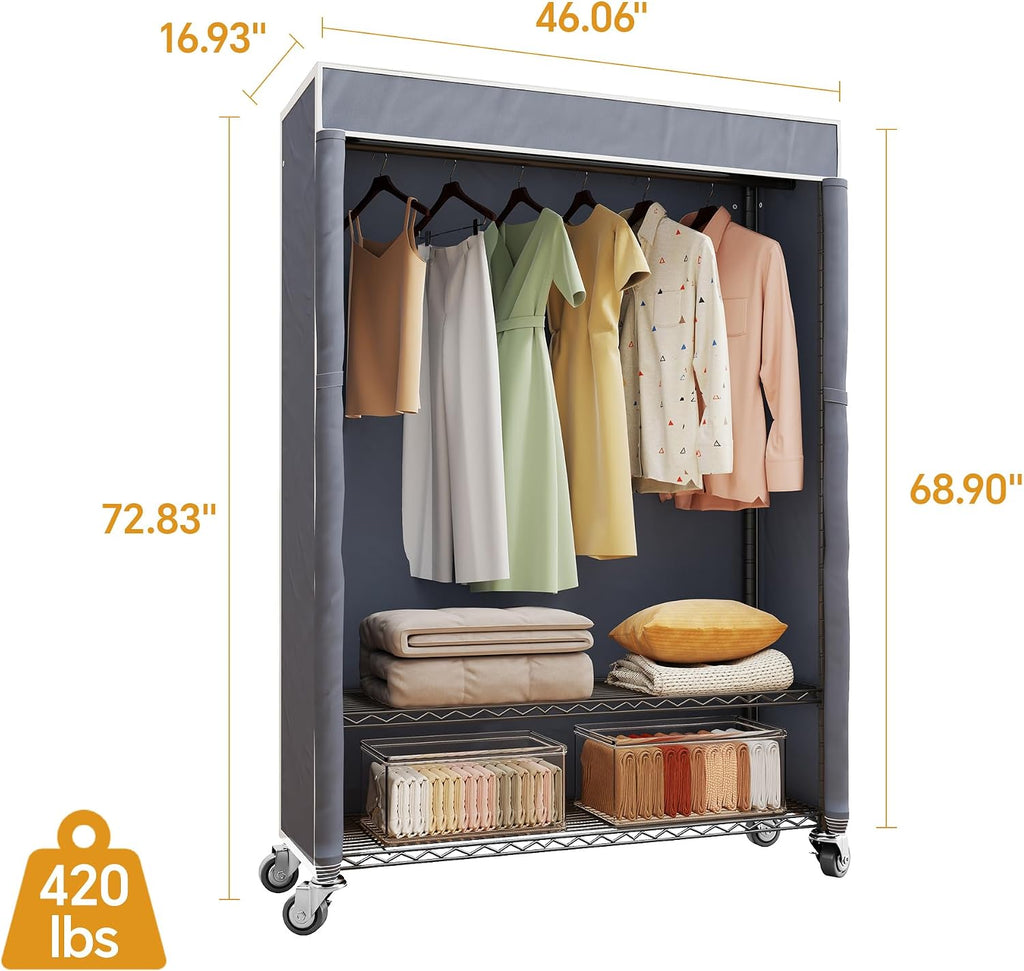 Higeego H4 Plus Rolling Clothes Rack with Cover, Heavy Duty Garment Rack, Wardrobe Closet with Wheels, Portable Closets for Hanging Clothes, Closet Organizer Storage, Black Rack with Grey Cover