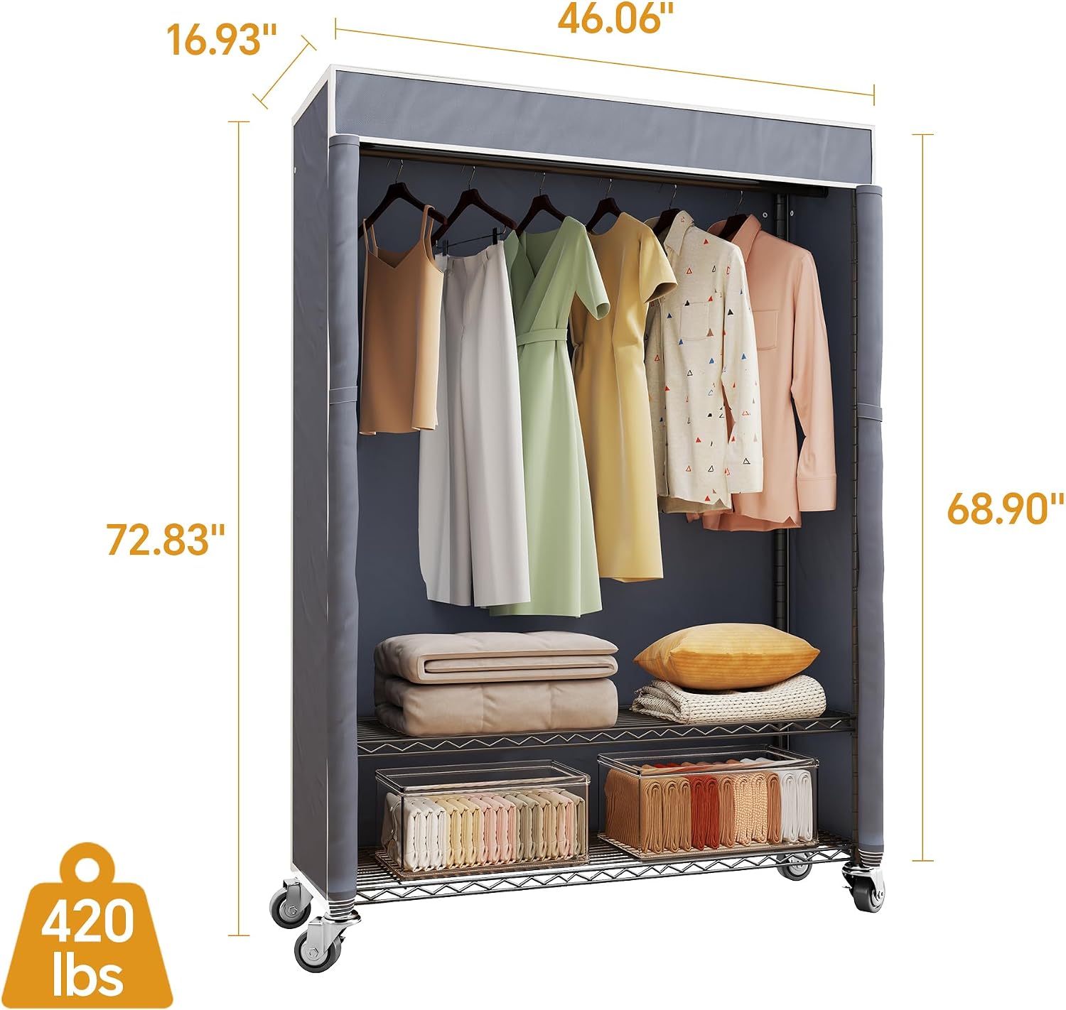 Higeego H4 Plus Rolling Clothes Rack with Cover, Heavy Duty Garment Rack, Wardrobe Closet with Wheels, Portable Closets for Hanging Clothes, Closet Organizer Storage, Black Rack with Grey Cover