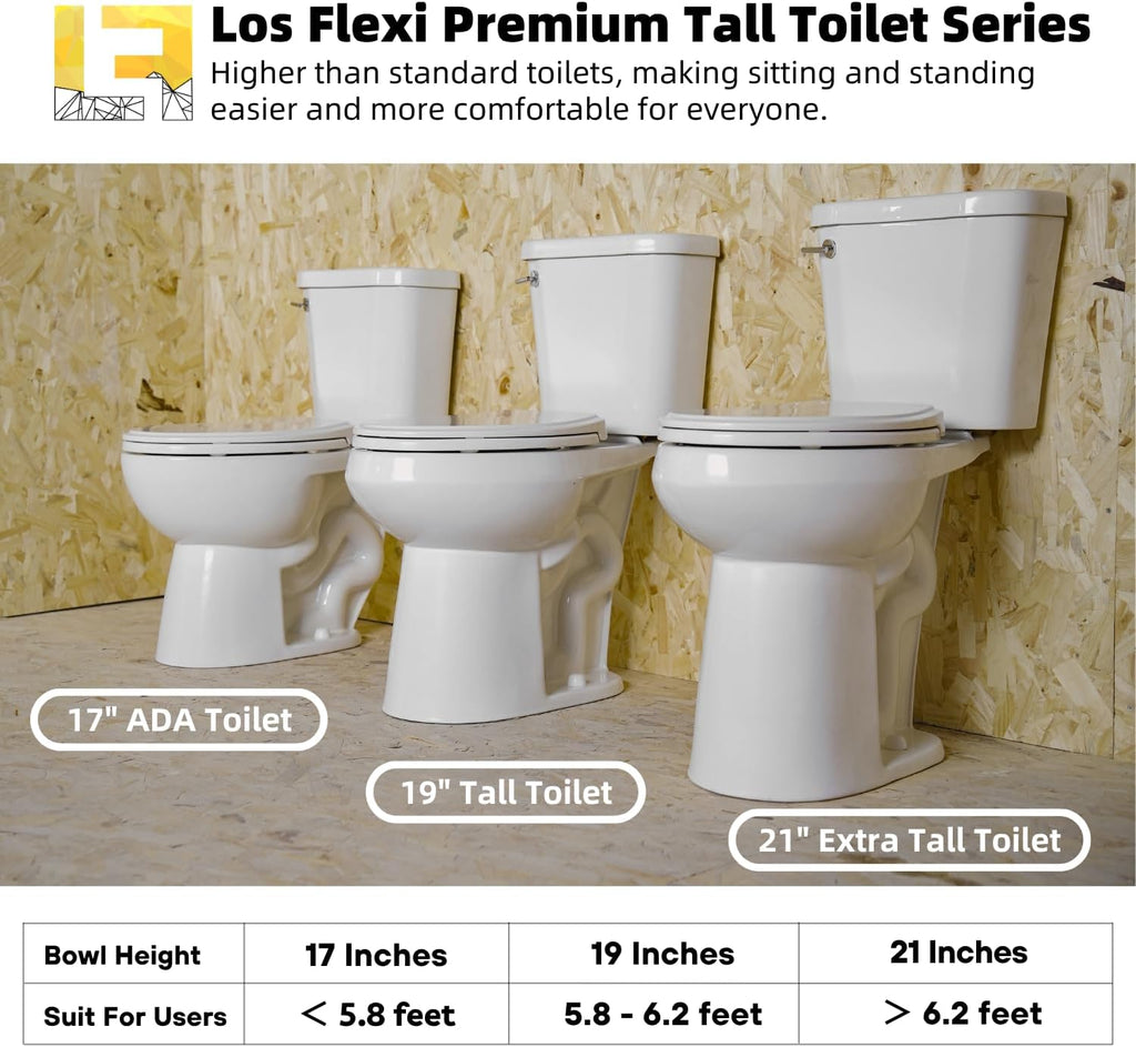 17 Inch Two Piece Toilet, Los Flexi 17.9' Tall Toilets for Bathrooms, Elongated Bowl & ADA Comfort Chair Height Toilet, Soft-Closing Seat, 1.28 GPF Siphon Flush, High-Efficiency, 12' Rough-In