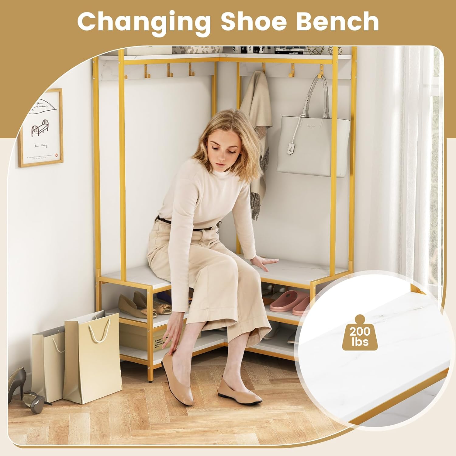 Giantex Corner Coat Rack with Shoe Bench, L-Shaped Garment Rack with 5 Shelves & 7 Hooks, Heavy Duty Freestanding Clothes Racks Entryway Bench with Shoes Organizer for Hallway (White & Gold)