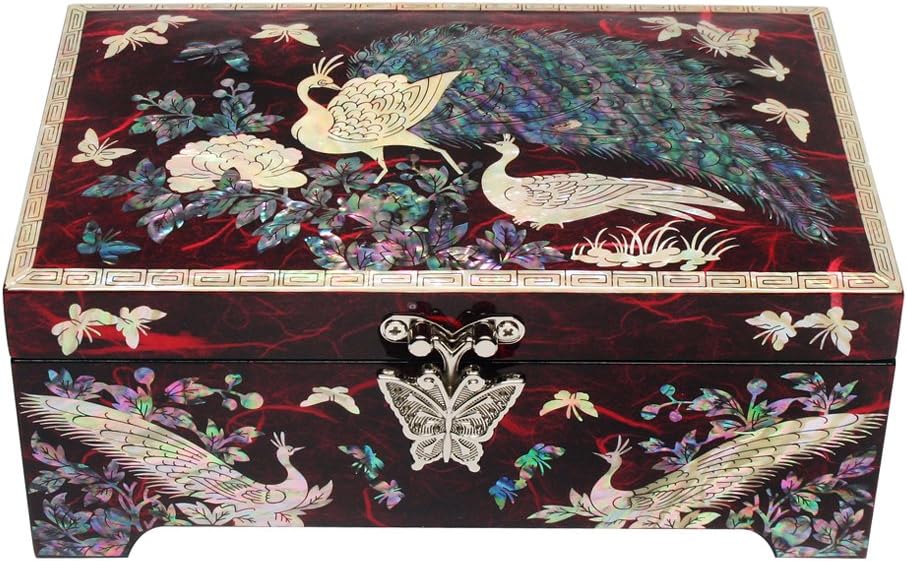 Antique Alive Mother of Pearl Inlay Design Jewelry Box, Wood Jewelry Box, Trinket Case, Keepsake Treasure Chest Box Organizer Holder (Peacock)