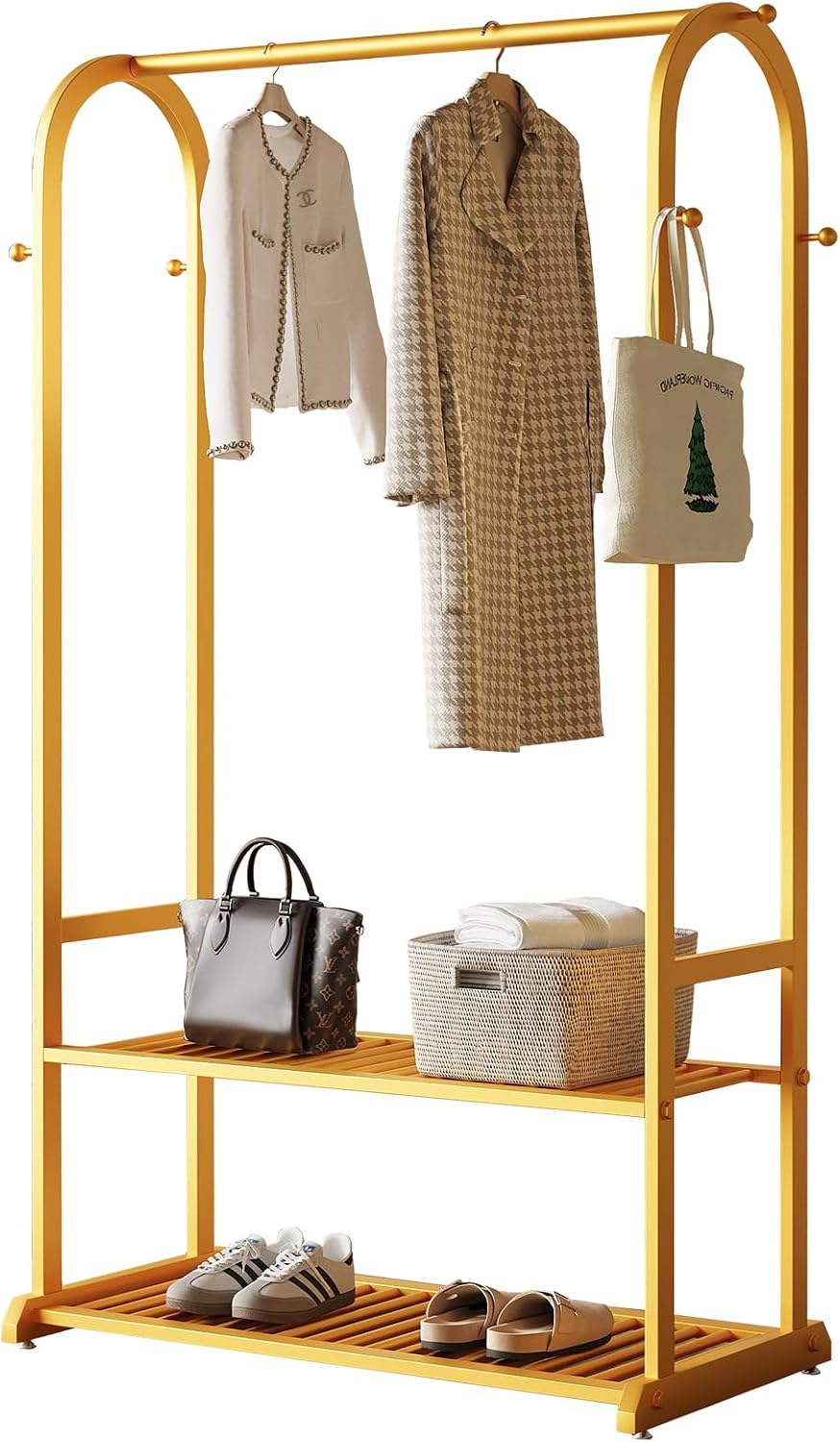 Gold Clothing Rack for Hanging Clothes,Sturdy metal clothes rack,Modern Garment Rack with Bottom Storage Shelves and 6 Side Hooks, Freestanding Wardrobe Rack for Bedroom or Closet