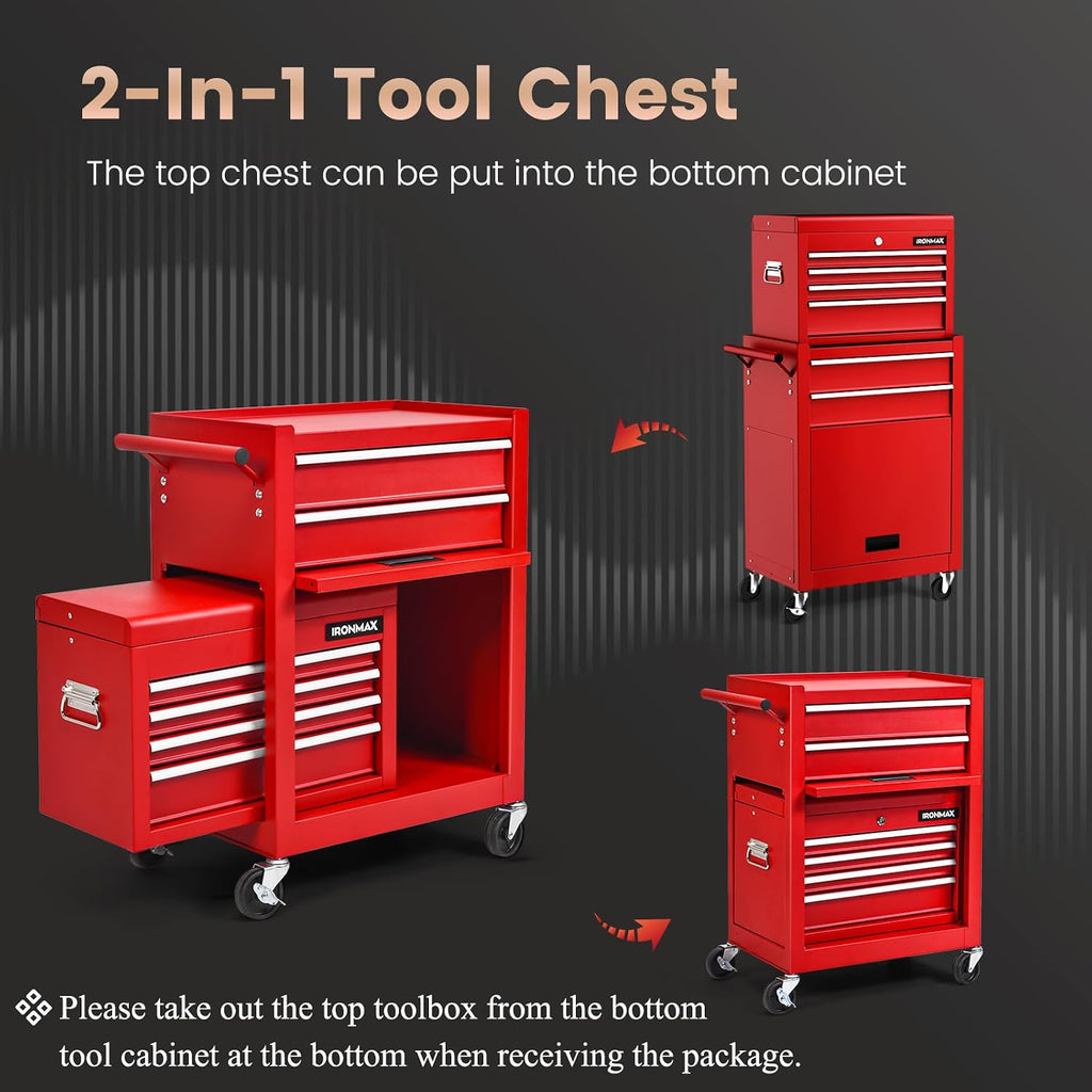 IRONMAX Rolling Tool Chest, 6-Drawer Lockable Tool Cabinet w/ 4 Universal Wheels, 2 in 1 Detachable Tool Box Storage Organizer for Garage Workshop Repair Shop (6-Drawer, Red)