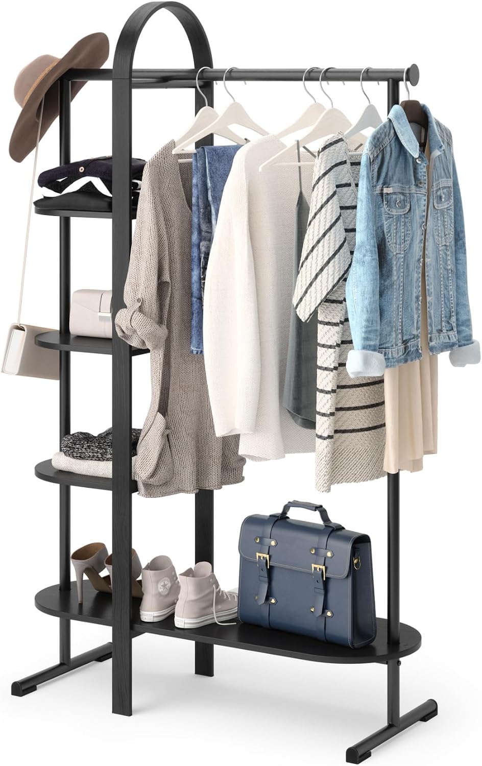 Umbra Bellwood Garment Rack Clothes Stand for Clothing, Coats, Dresses, with Shelf for Shoes and Accessories, Black