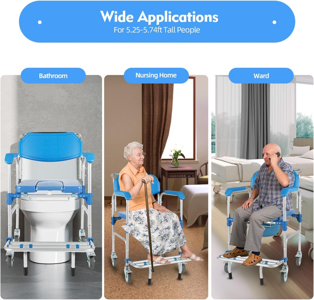 Bedside Commodes Chair with Wheels for Seniors Portable Shower Chair 330 Lb Capacity- Heavy Duty Raised Toilet Seat with Anti-Rollover Foot Pedal Armrests and Bucket, Blue