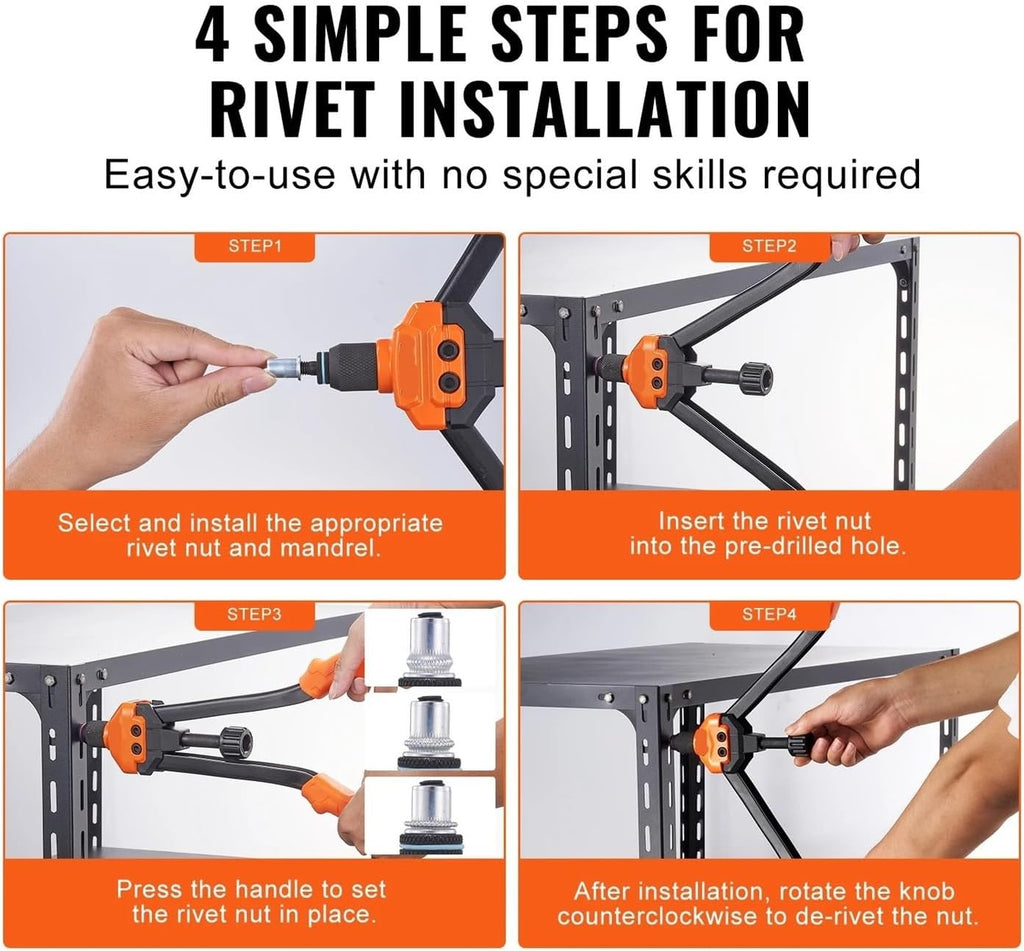 16' Rivet Nut Tool, Labor-Saving Rivnut Tool Kit with 13PCS Metric SAE Mandrels, 186PCS Rivet Nuts, with Carrying Case