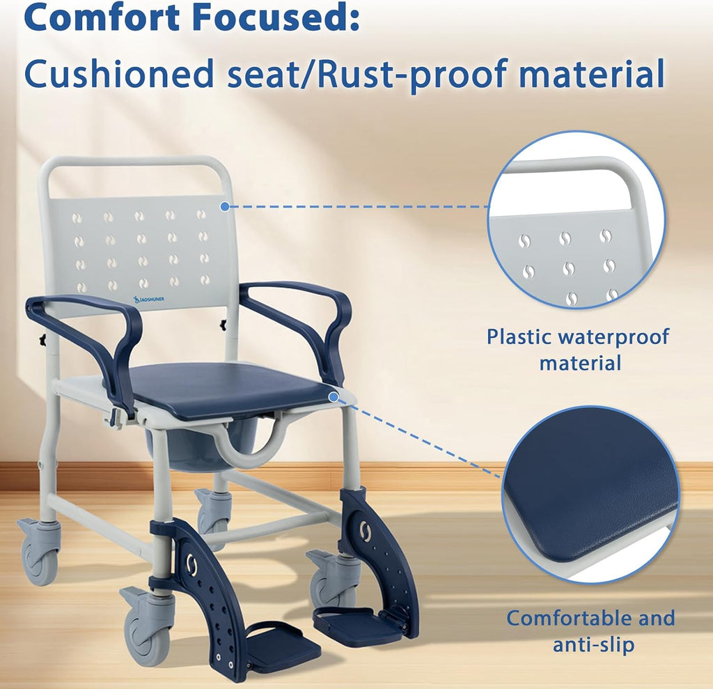 4 in 1 Rolling Shower Chair with Wheels for Elderly and Disabled,Transport Bathroom Shower WheelChairs,with Safety Locking Wheels & Padded Seat, Bedside Commode Chair for Seniors, Blue